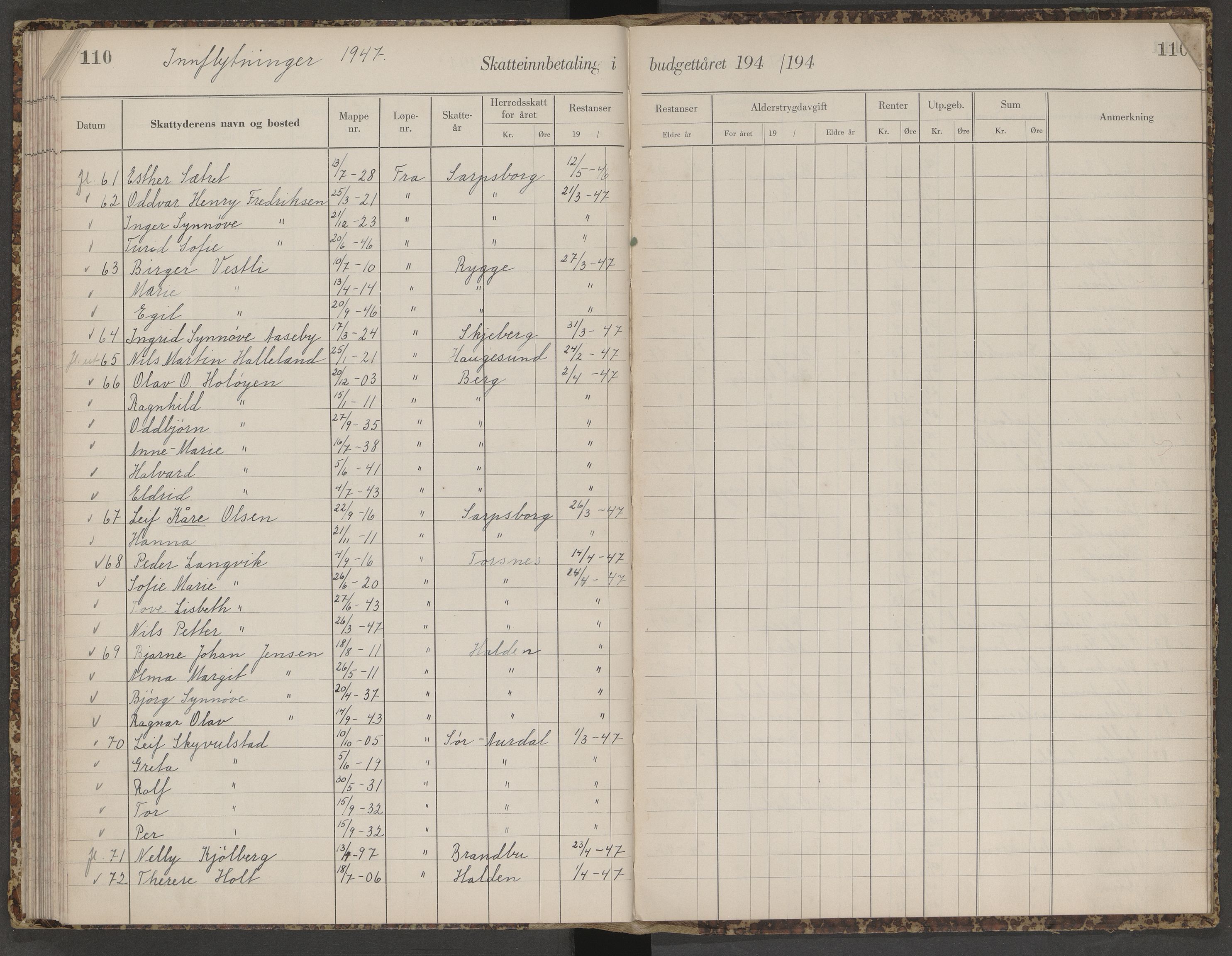 Skjeberg folkeregister, AV/SAO-A-10495/K/Ka/L0003: Fortegnelse over inn- og utflyttede, 1943-1947, p. 110