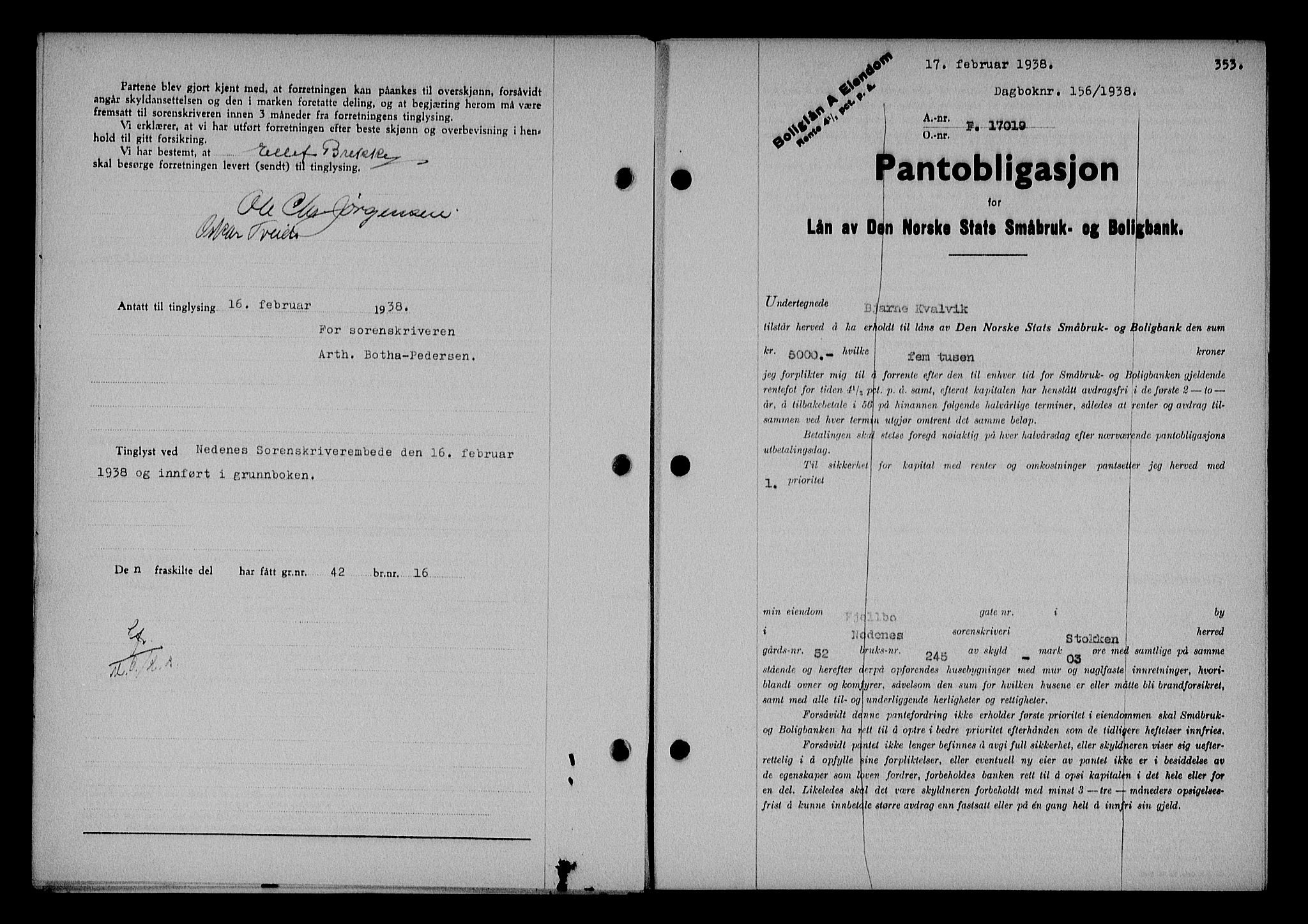 Nedenes sorenskriveri, AV/SAK-1221-0006/G/Gb/Gba/L0044: Mortgage book no. 40, 1937-1938, Diary no: : 156/1938