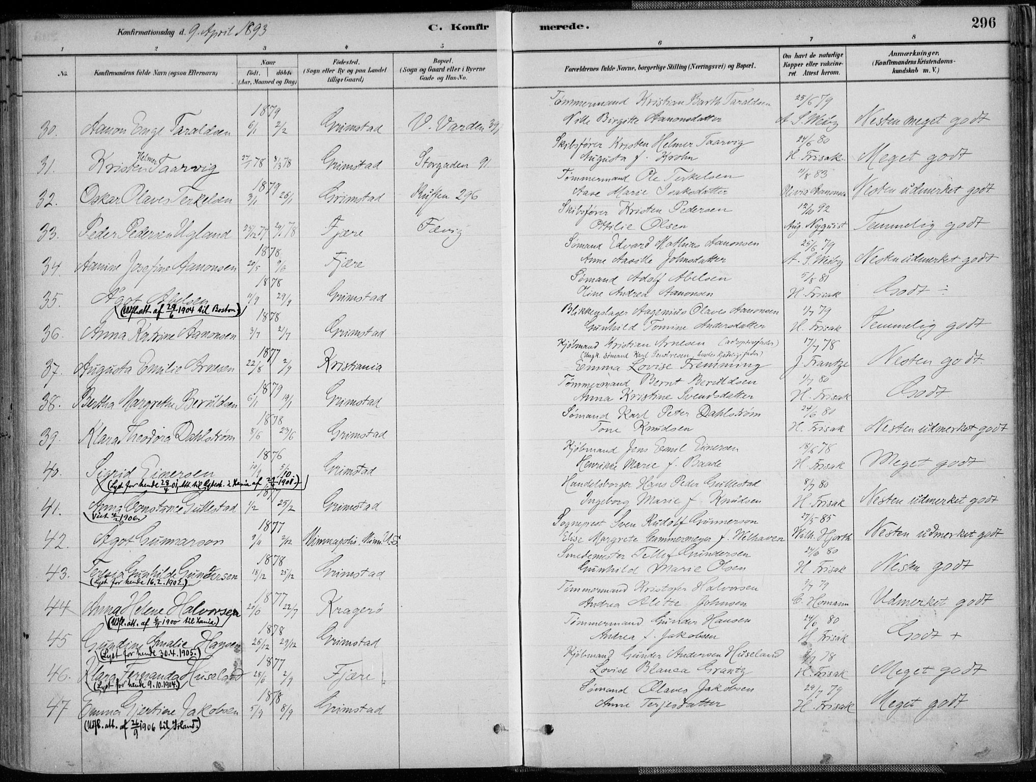 Grimstad sokneprestkontor, AV/SAK-1111-0017/F/Fa/L0003: Parish register (official) no. A 2, 1882-1912, p. 296