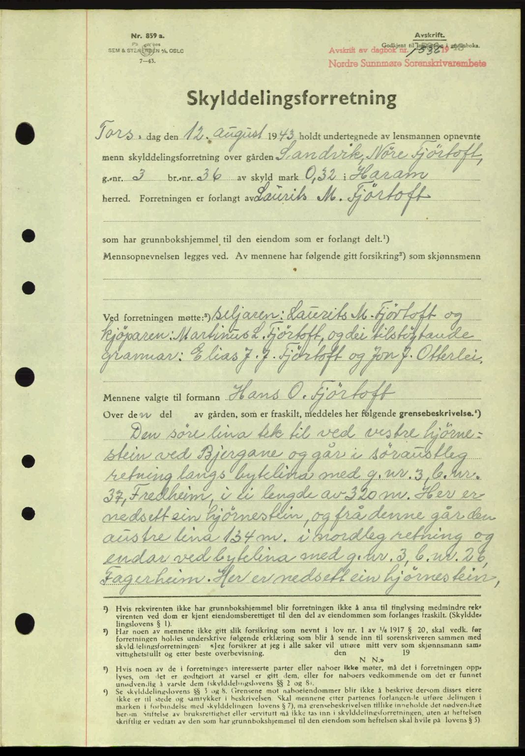 Nordre Sunnmøre sorenskriveri, AV/SAT-A-0006/1/2/2C/2Ca: Mortgage book no. A17, 1943-1944, Diary no: : 1536/1943