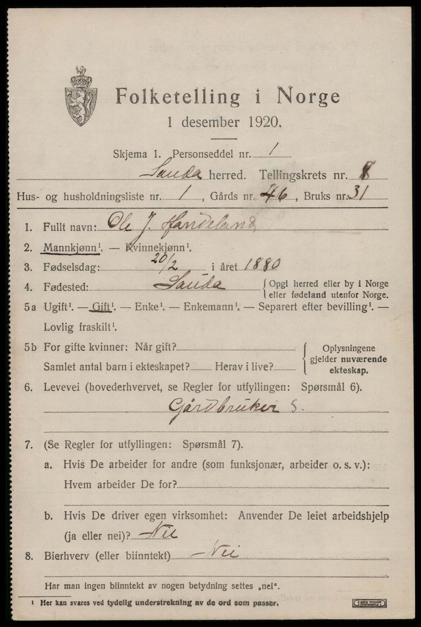 SAST, 1920 census for Sauda, 1920, p. 4762