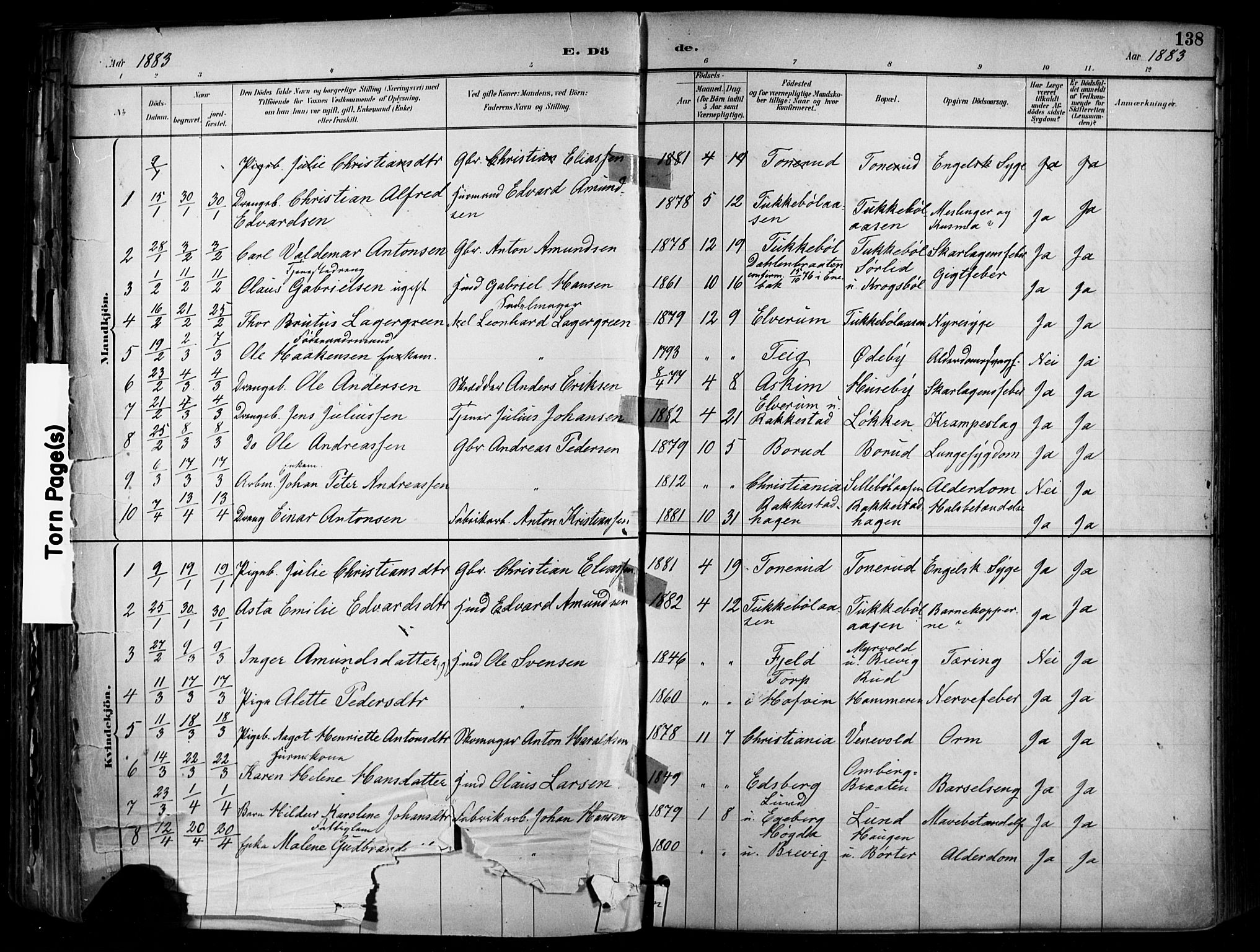 Enebakk prestekontor Kirkebøker, SAO/A-10171c/F/Fa/L0016: Parish register (official) no. I 16, 1883-1898, p. 138