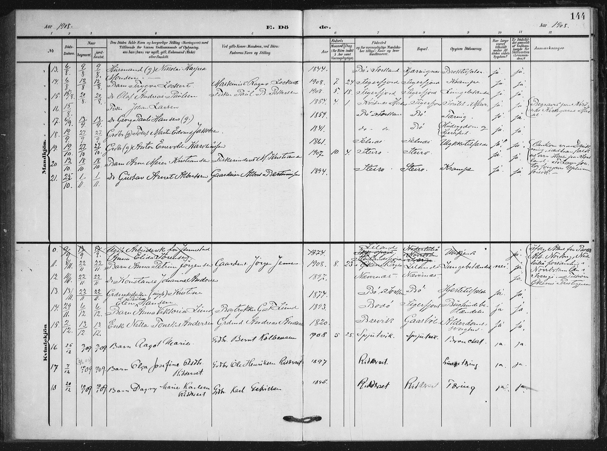 Ministerialprotokoller, klokkerbøker og fødselsregistre - Nordland, AV/SAT-A-1459/895/L1373: Parish register (official) no. 895A08, 1905-1915, p. 144
