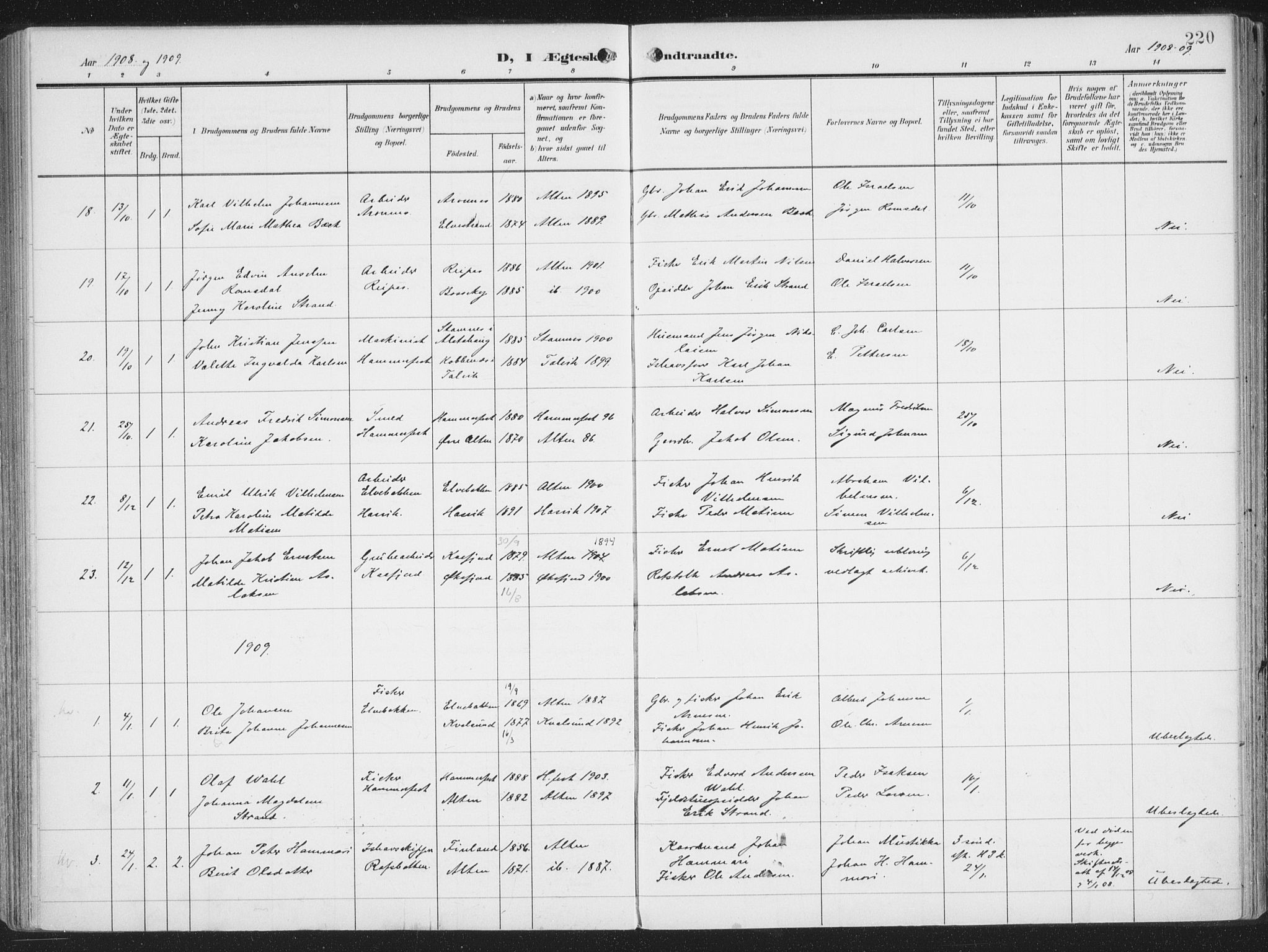 Alta sokneprestkontor, AV/SATØ-S-1338/H/Ha/L0005.kirke: Parish register (official) no. 5, 1904-1918, p. 220