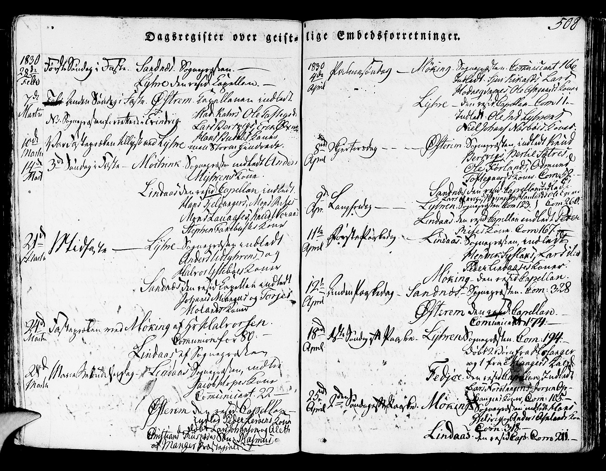 Lindås Sokneprestembete, SAB/A-76701/H/Haa: Parish register (official) no. A 8, 1823-1836, p. 508