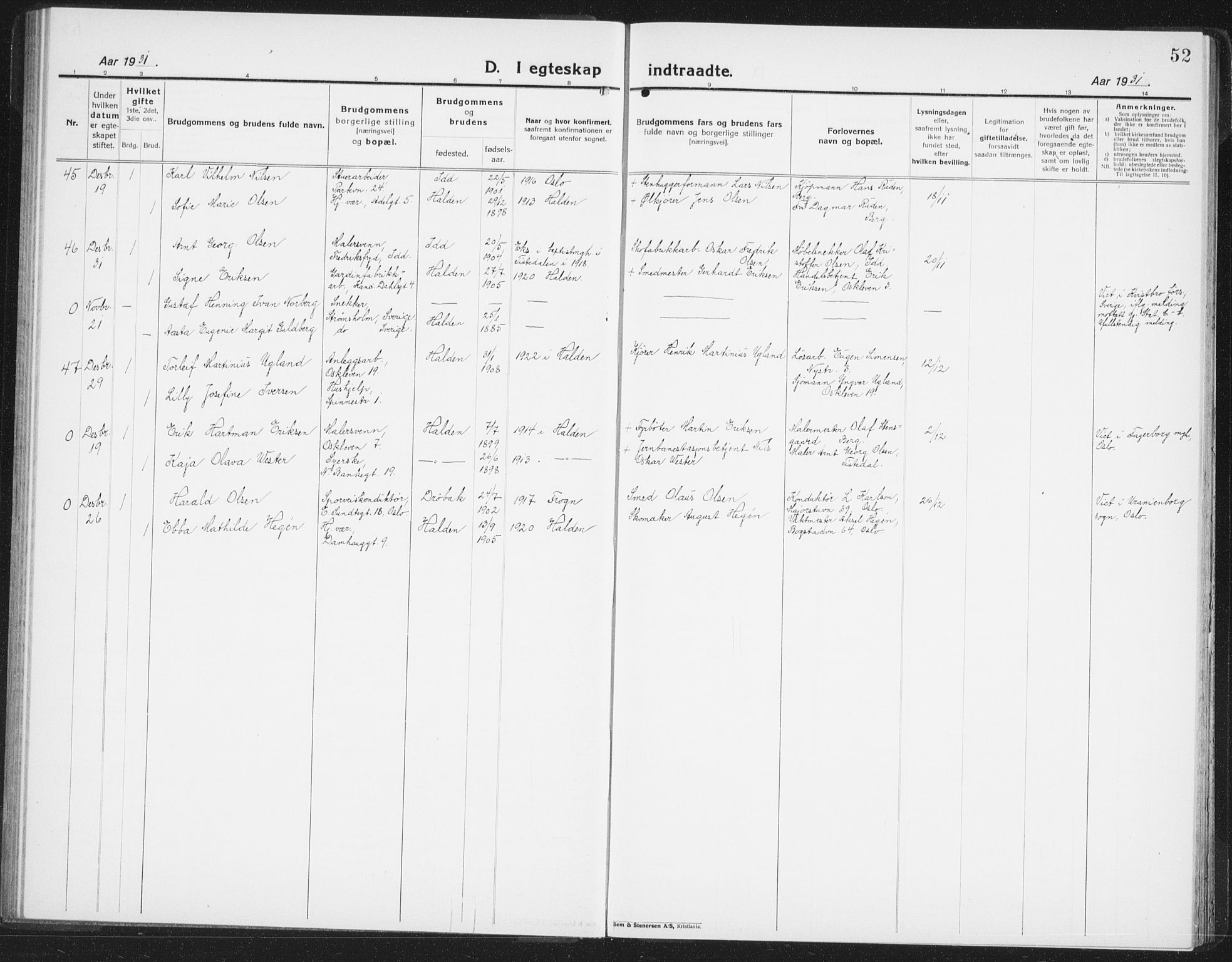 Halden prestekontor Kirkebøker, AV/SAO-A-10909/G/Ga/L0014: Parish register (copy) no. 14, 1925-1943, p. 52