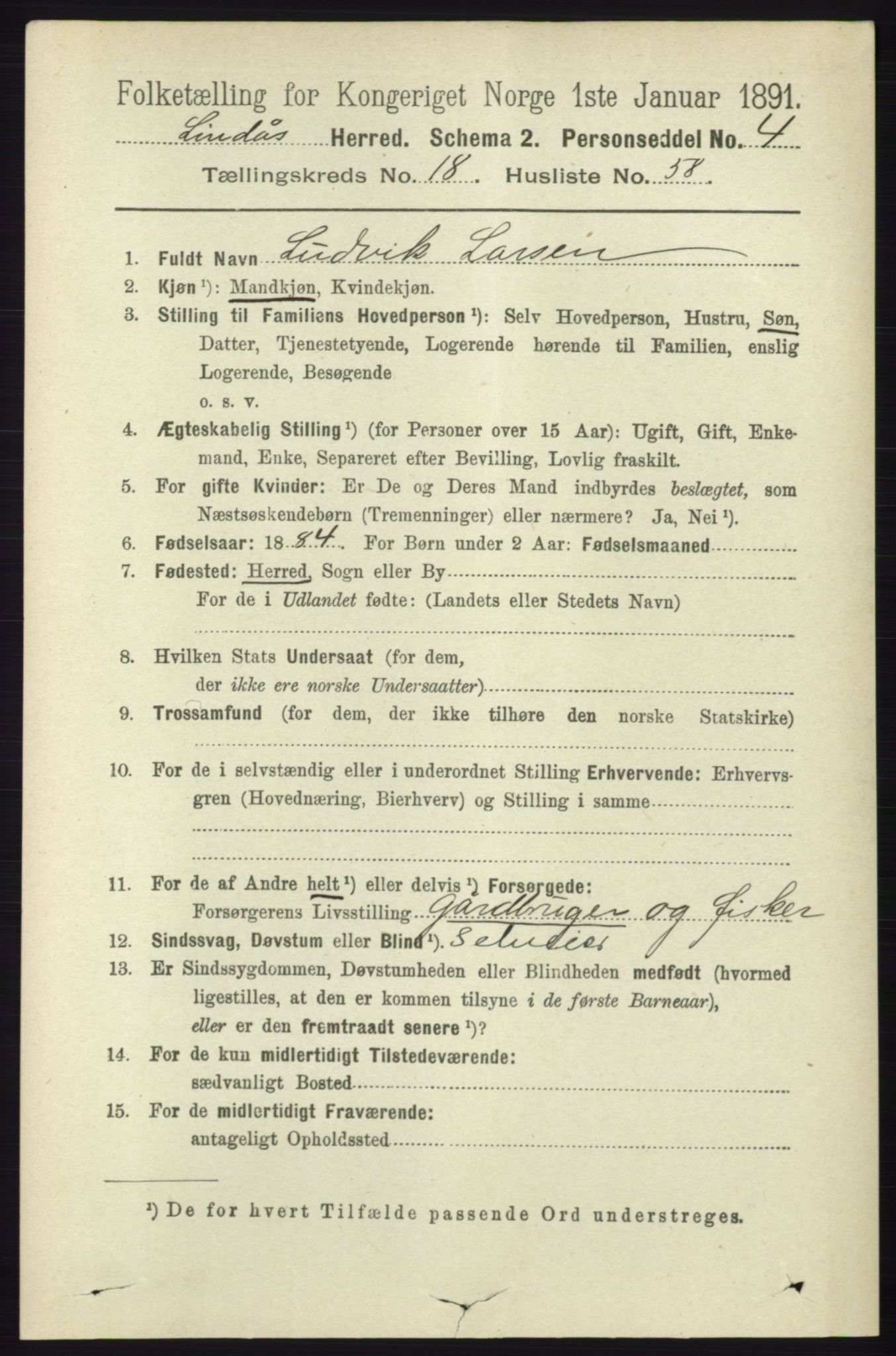 RA, 1891 census for 1263 Lindås, 1891, p. 6868