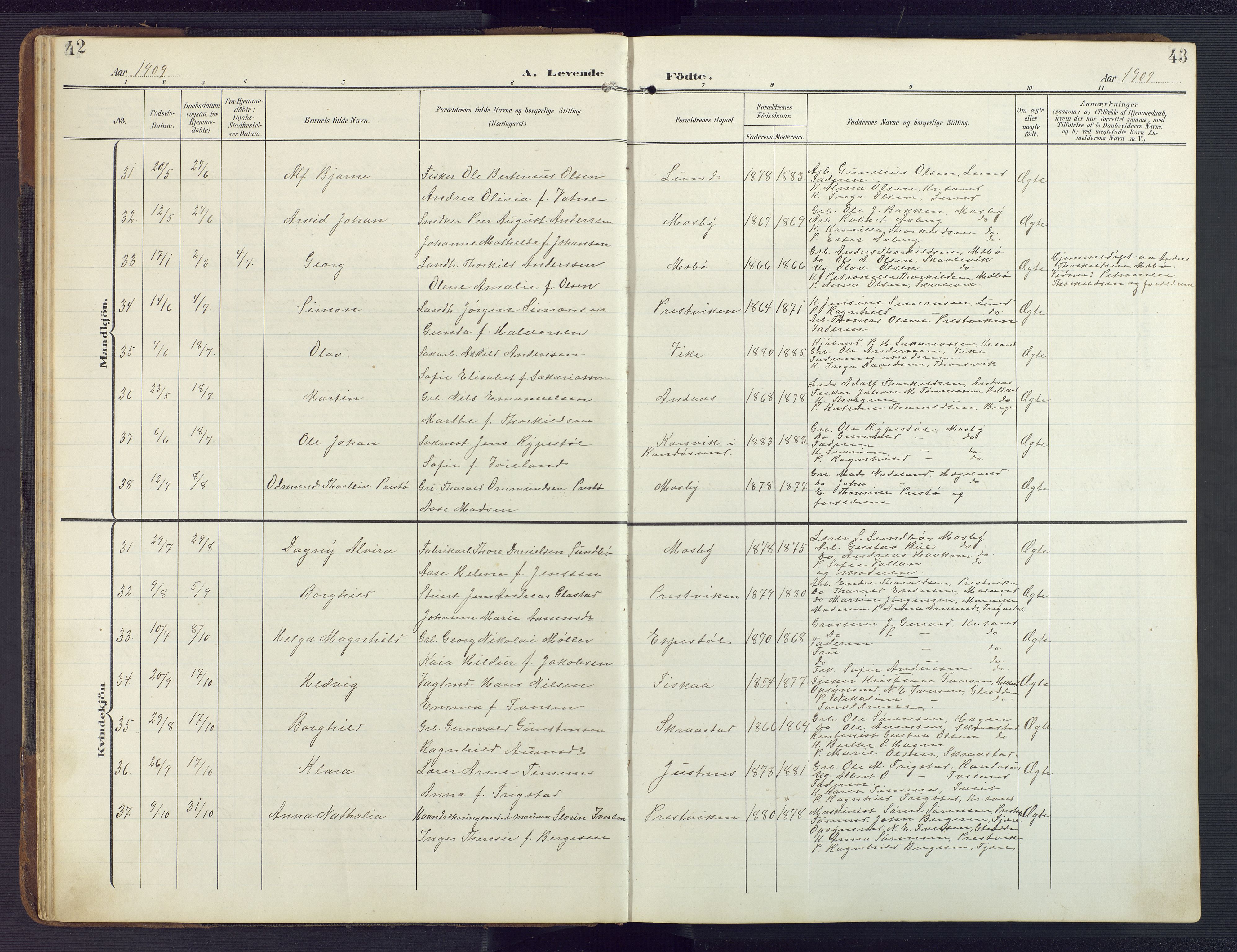 Oddernes sokneprestkontor, AV/SAK-1111-0033/F/Fb/Fba/L0010: Parish register (copy) no. B 10, 1907-1941, p. 42-43