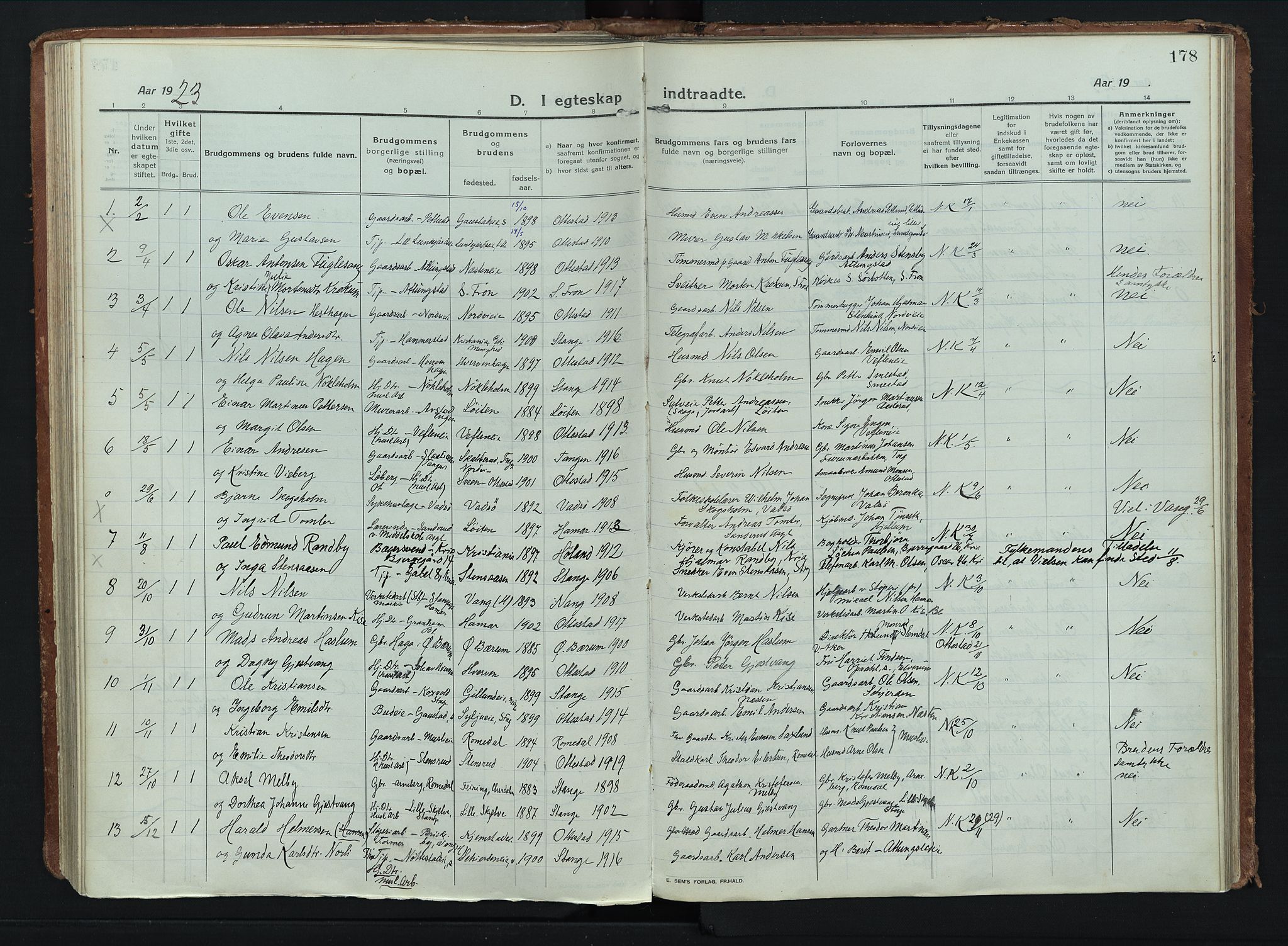 Stange prestekontor, AV/SAH-PREST-002/K/L0028: Parish register (official) no. 28, 1913-1932, p. 178