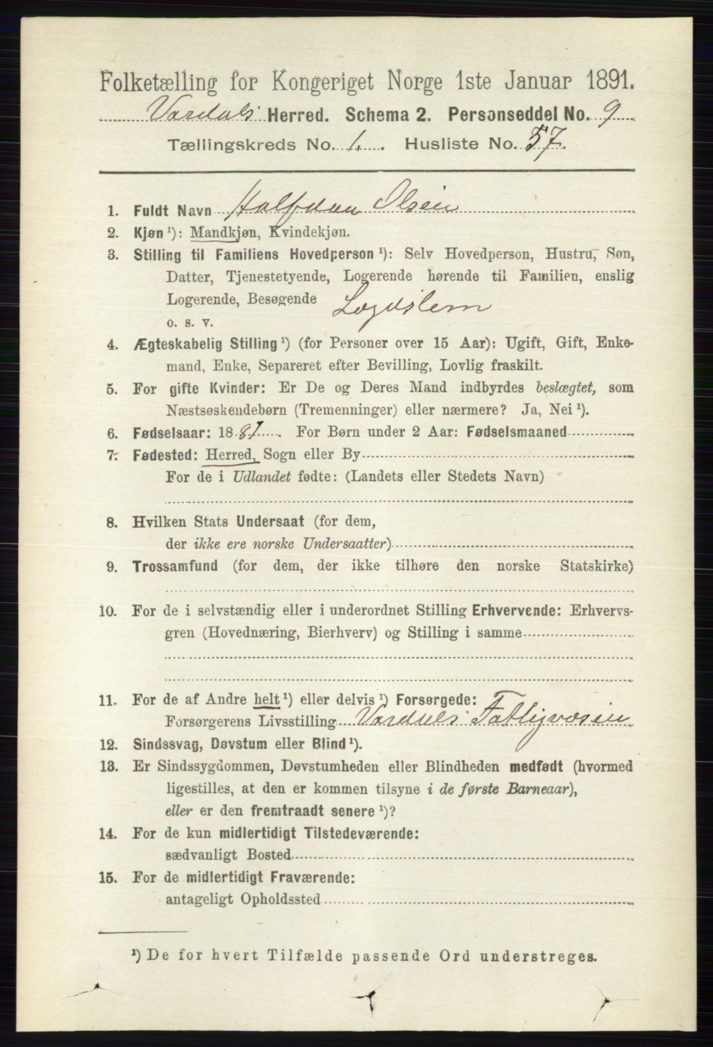 RA, 1891 census for 0527 Vardal, 1891, p. 457