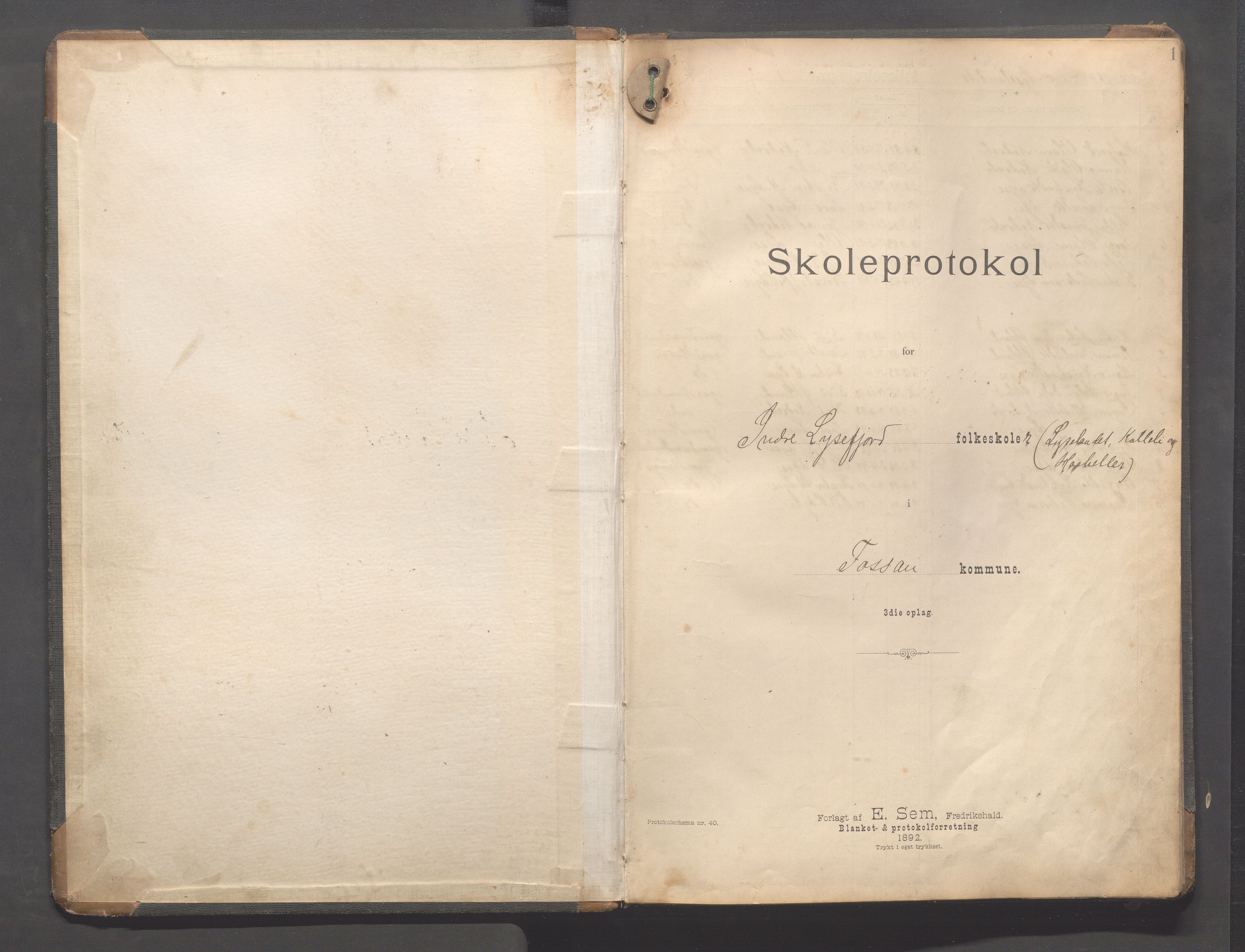 Forsand kommune - Lyse skole, IKAR/K-101613/H/L0002: Skoleprotokoll - Indre Lysefjord, Kalleli, Lyselandet, Håheller, Fossmark, 1894-1908, p. 1