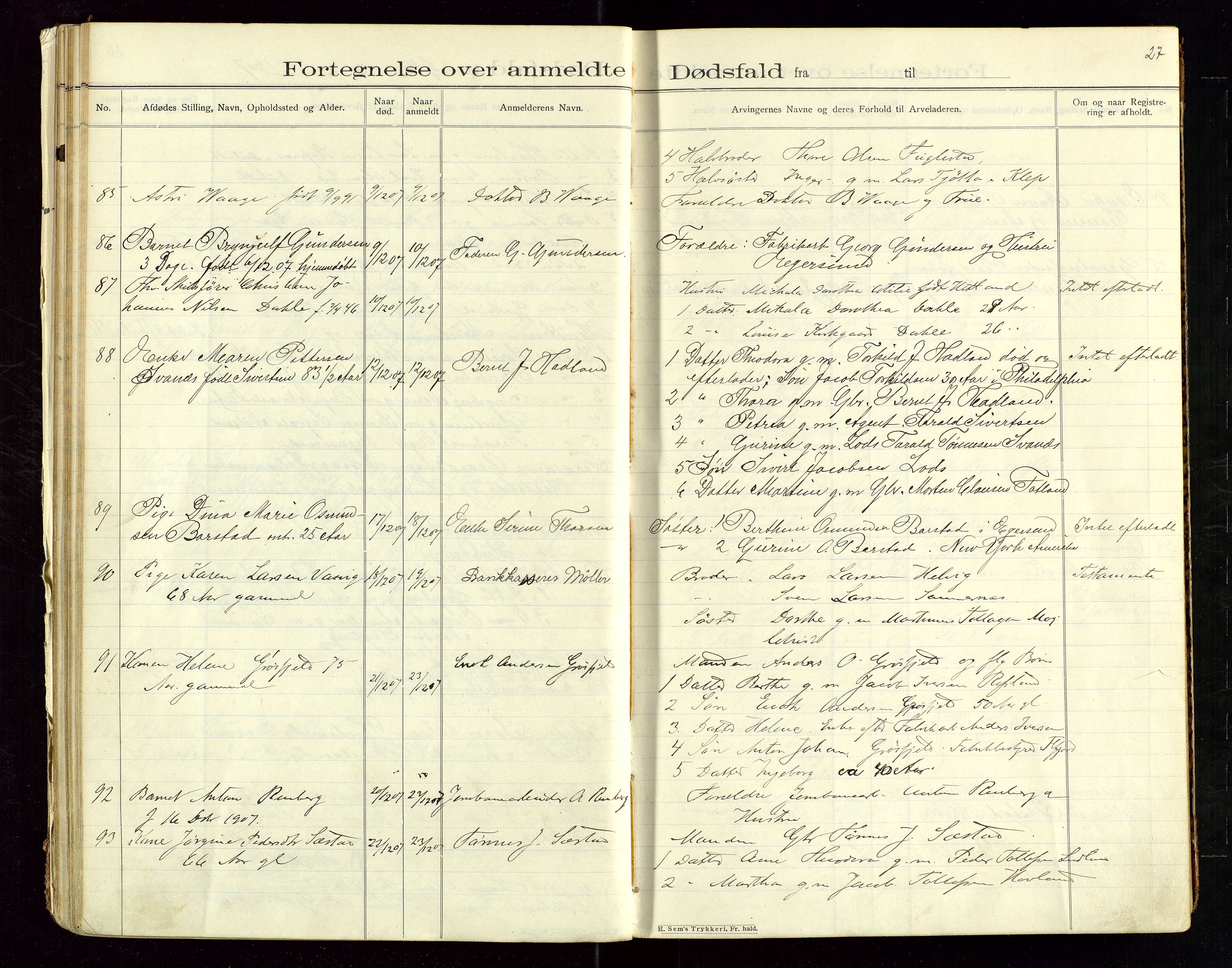 Eigersund lensmannskontor, SAST/A-100171/Gga/L0005: "Dødsfalds-Protokol" m/alfabetisk navneregister, 1905-1913, p. 27