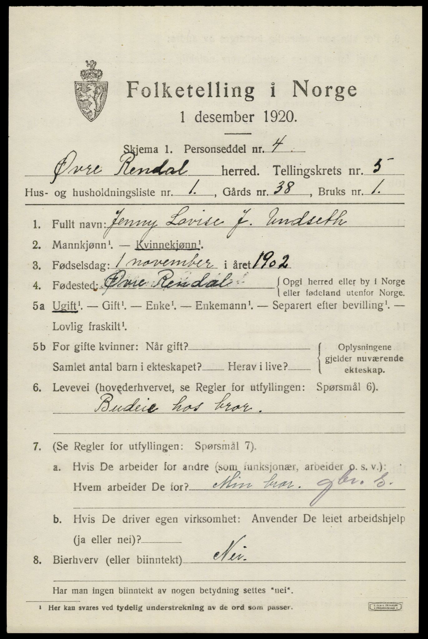 SAH, 1920 census for Øvre Rendal, 1920, p. 2053