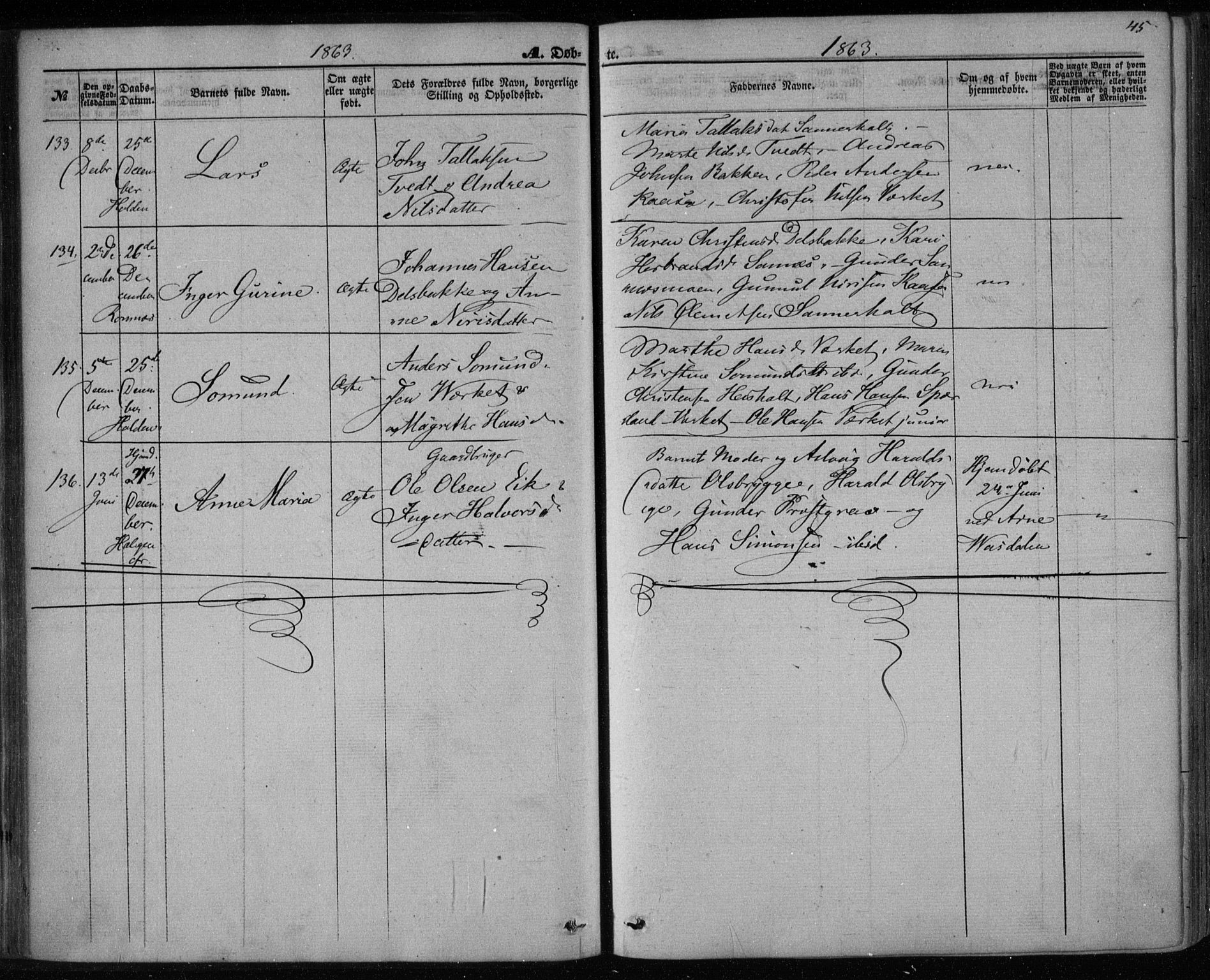 Holla kirkebøker, SAKO/A-272/F/Fa/L0006: Parish register (official) no. 6, 1861-1869, p. 45