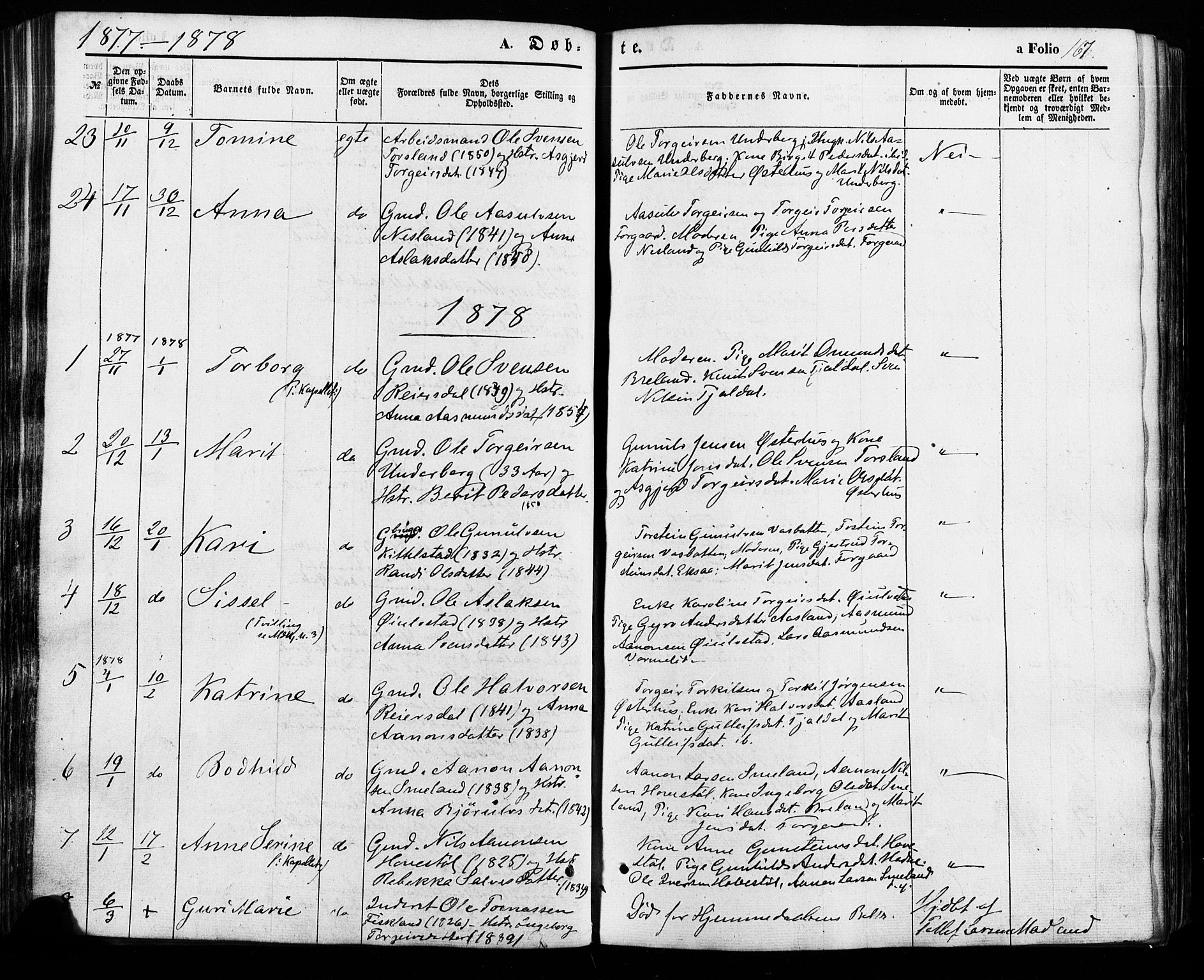 Åseral sokneprestkontor, SAK/1111-0051/F/Fa/L0002: Parish register (official) no. A 2, 1854-1884, p. 167