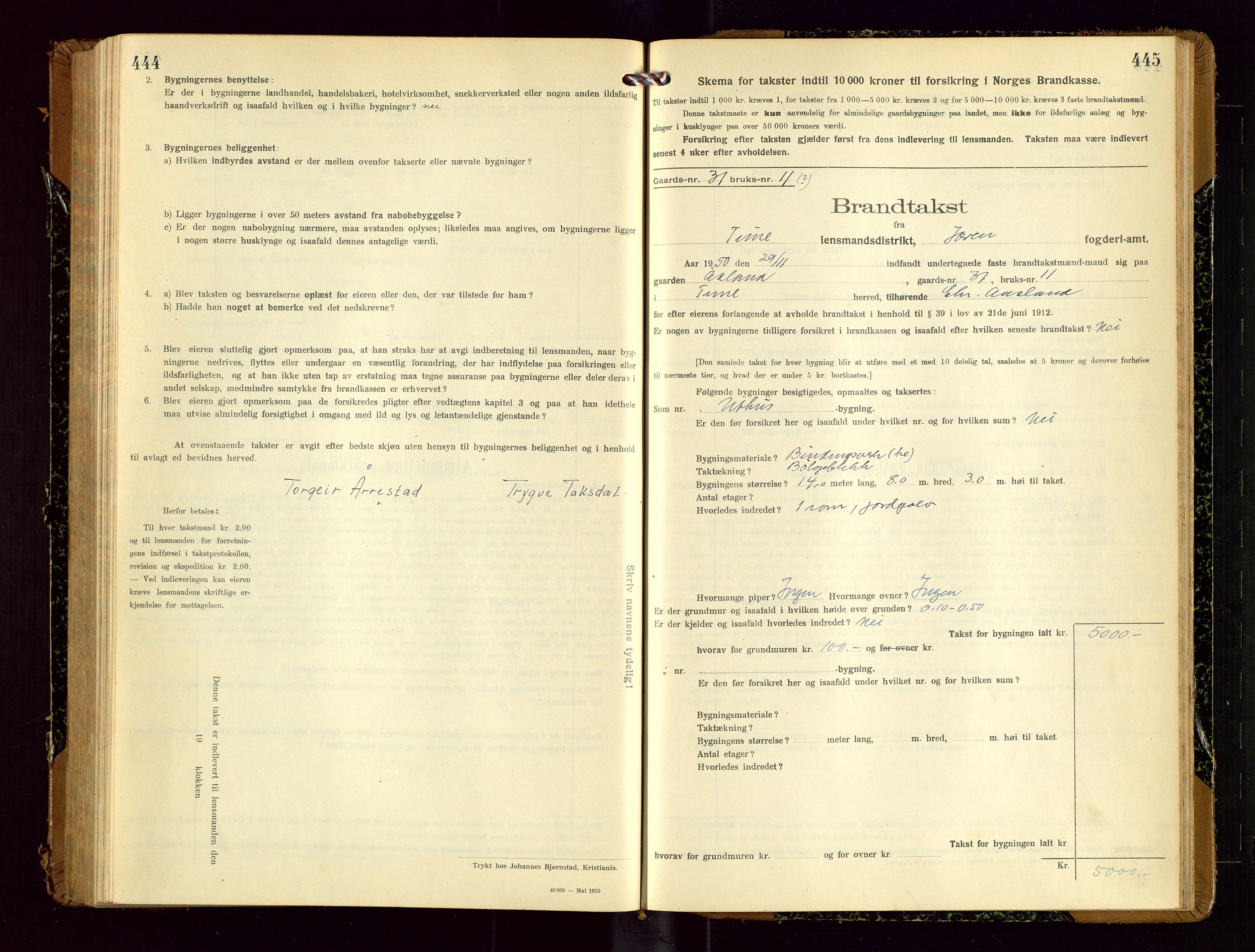 Time lensmannskontor, SAST/A-100420/Gob/L0002: Branntakstprotokoll, 1919-1952, p. 444-445