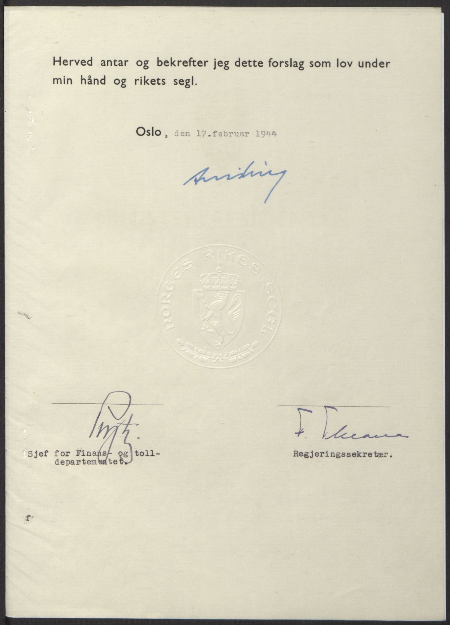 NS-administrasjonen 1940-1945 (Statsrådsekretariatet, de kommisariske statsråder mm), RA/S-4279/D/Db/L0100: Lover, 1944, p. 74