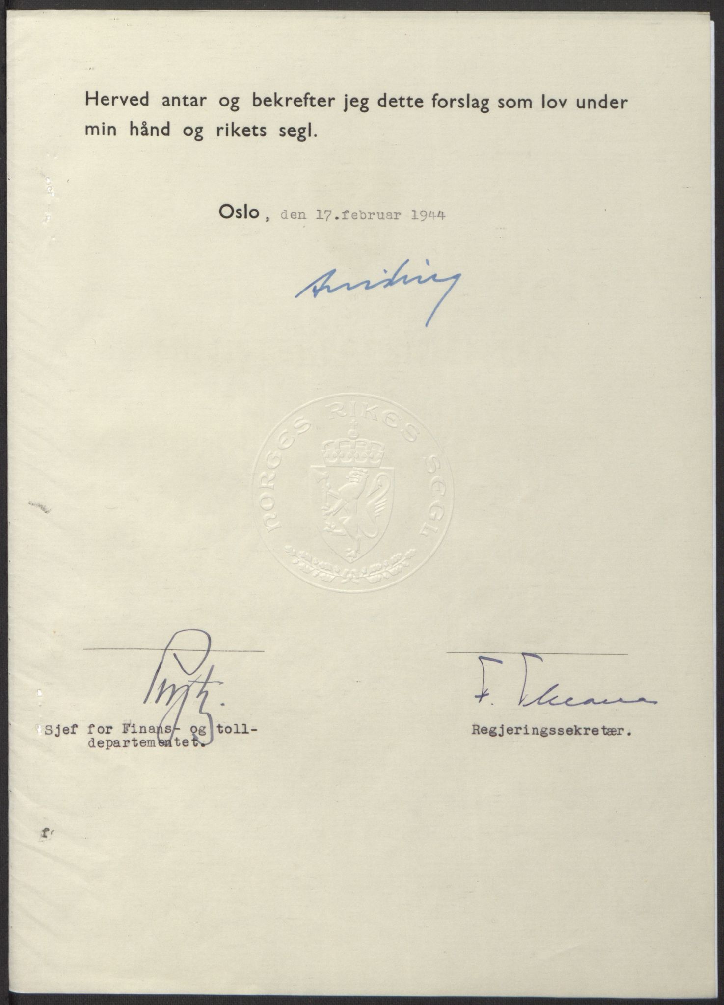 NS-administrasjonen 1940-1945 (Statsrådsekretariatet, de kommisariske statsråder mm), AV/RA-S-4279/D/Db/L0100: Lover, 1944, p. 74