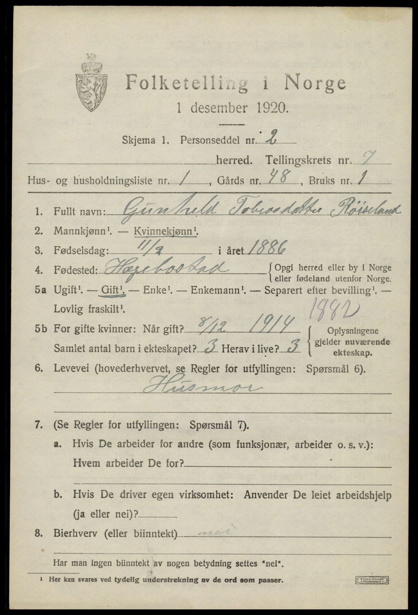 SAK, 1920 census for Hægebostad, 1920, p. 2111