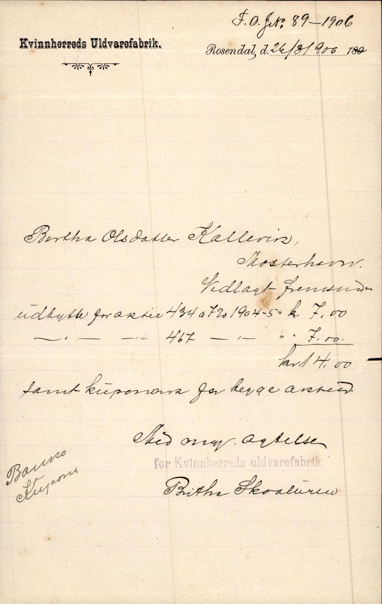 Finnaas kommune. Overformynderiet, IKAH/1218a-812/D/Da/Daa/L0002/0003: Kronologisk ordna korrespondanse / Kronologisk ordna korrespondanse, 1905-1909, p. 34