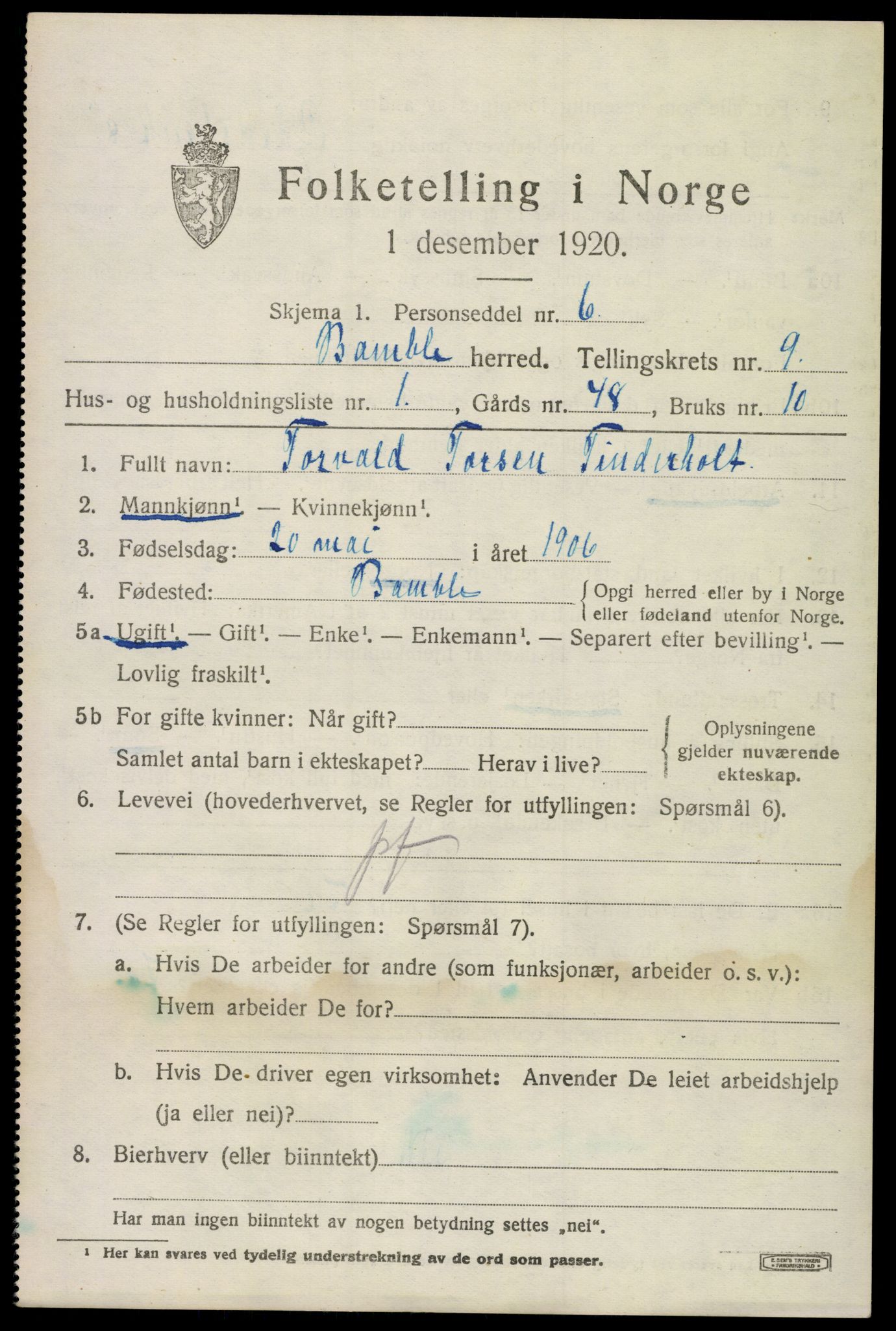 SAKO, 1920 census for Bamble, 1920, p. 7807