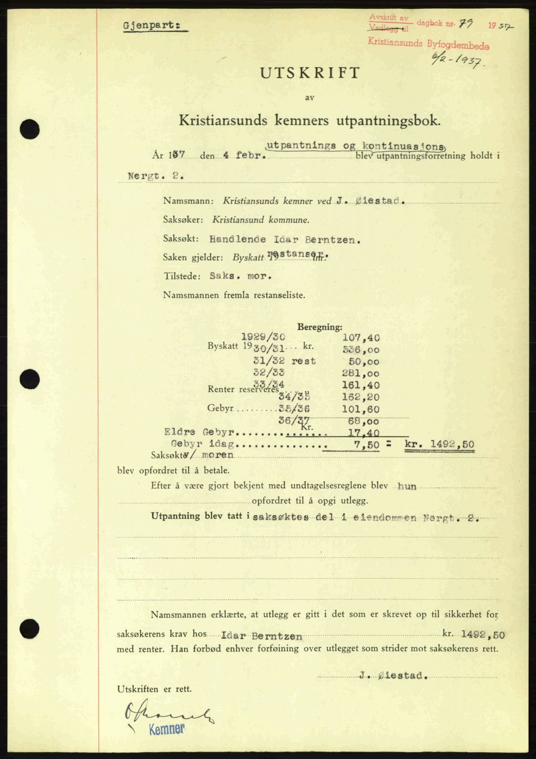 Kristiansund byfogd, AV/SAT-A-4587/A/27: Mortgage book no. 29, 1936-1937, Diary no: : 79/1937