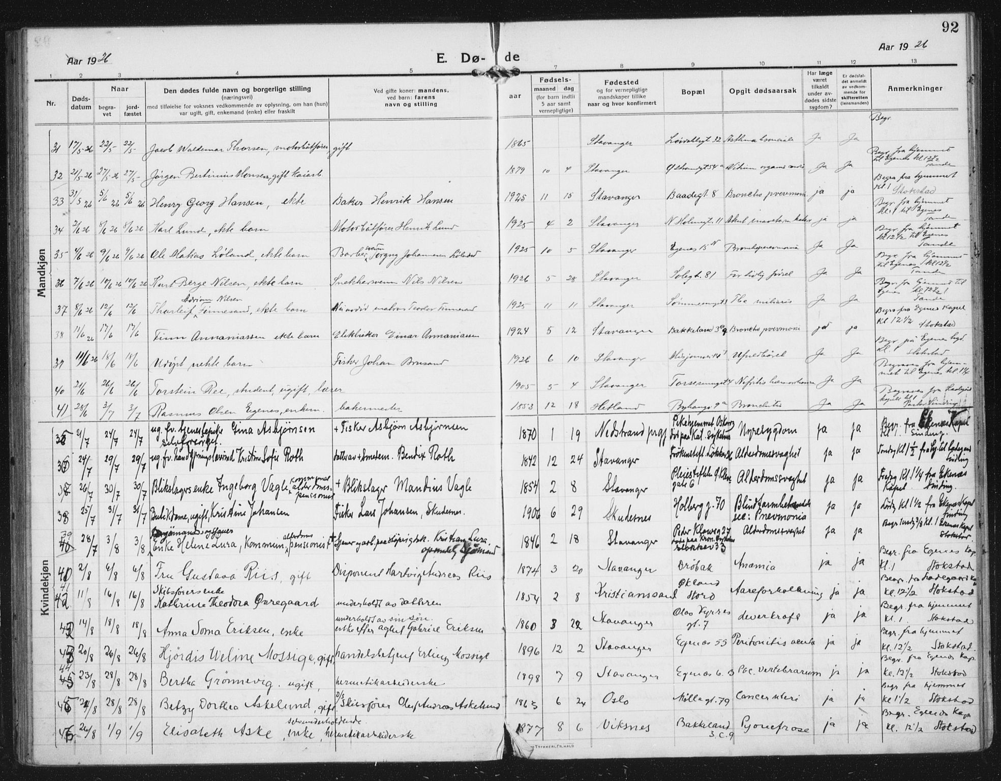 Domkirken sokneprestkontor, AV/SAST-A-101812/002/A/L0017: Parish register (official) no. A 36, 1917-1938, p. 92