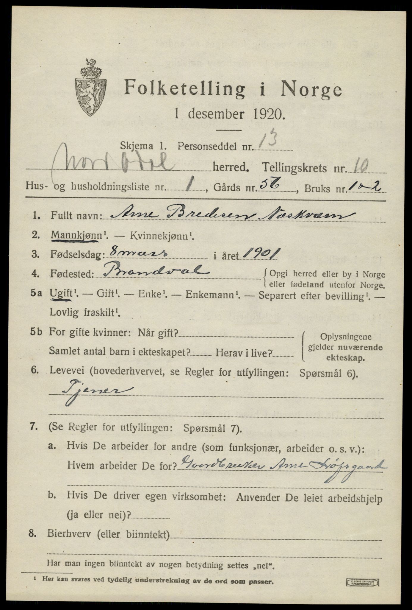 SAH, 1920 census for Nord-Odal, 1920, p. 10897