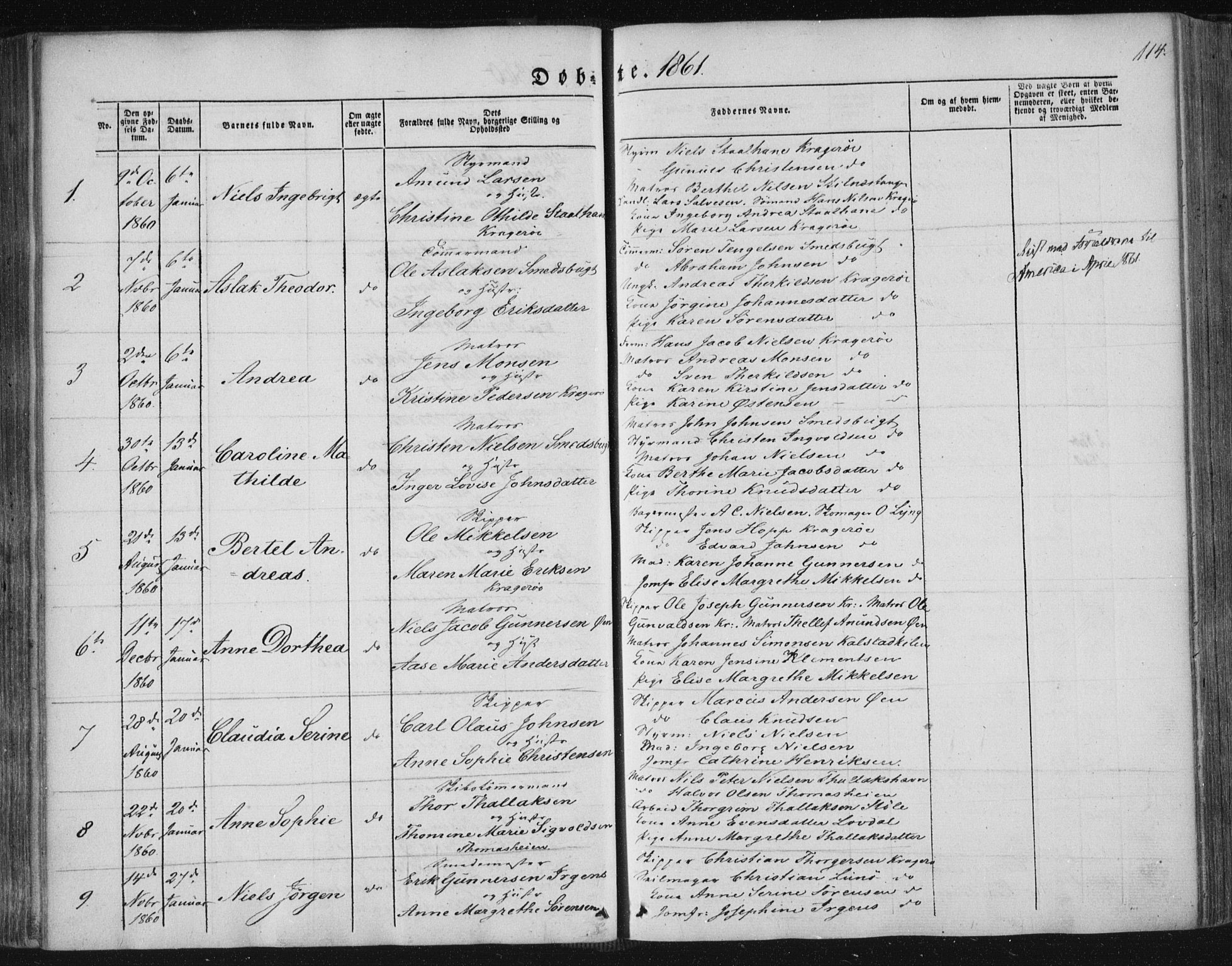 Kragerø kirkebøker, SAKO/A-278/F/Fa/L0006: Parish register (official) no. 6, 1847-1861, p. 114