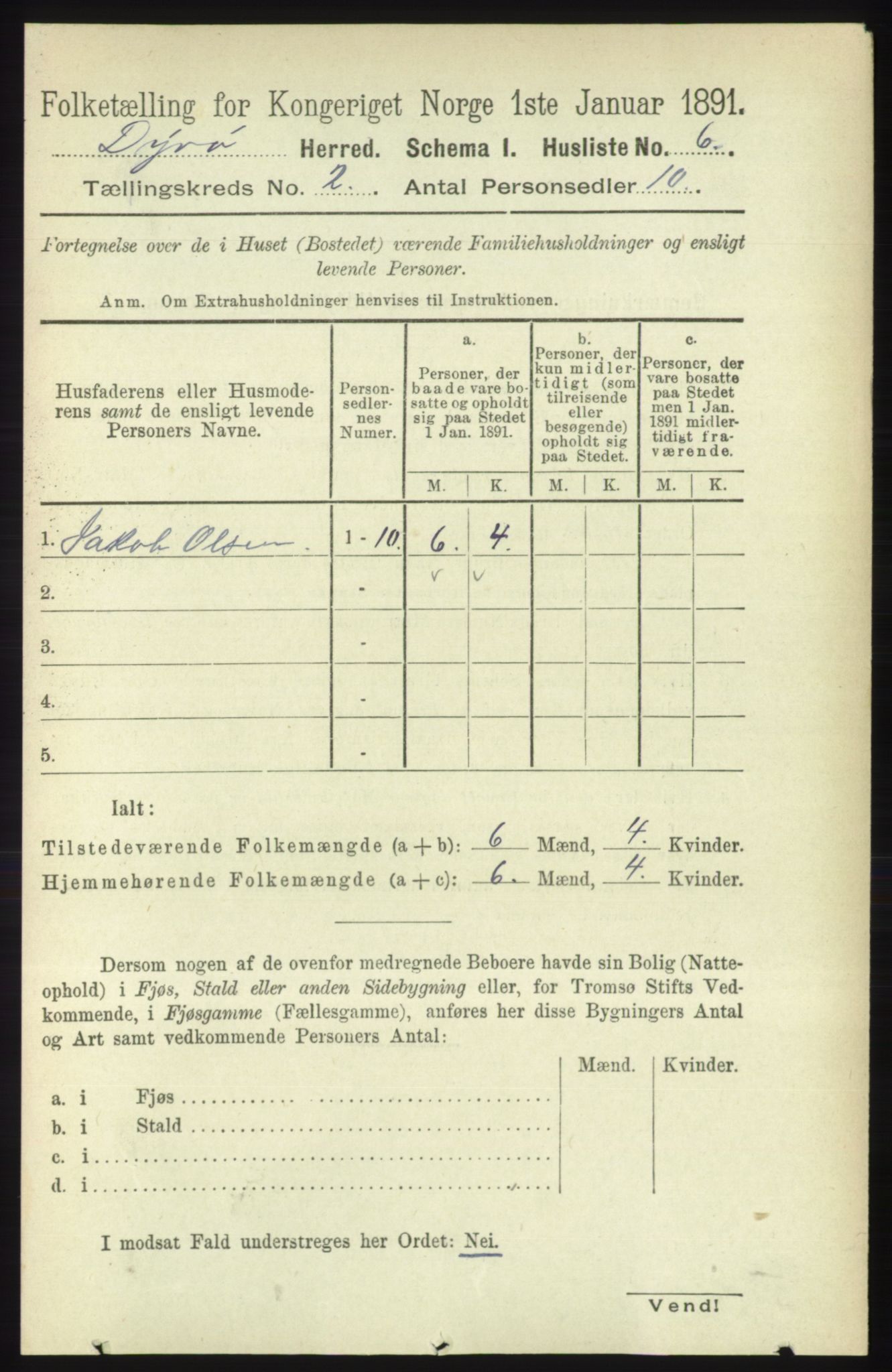 RA, 1891 census for 1926 Dyrøy, 1891, p. 458