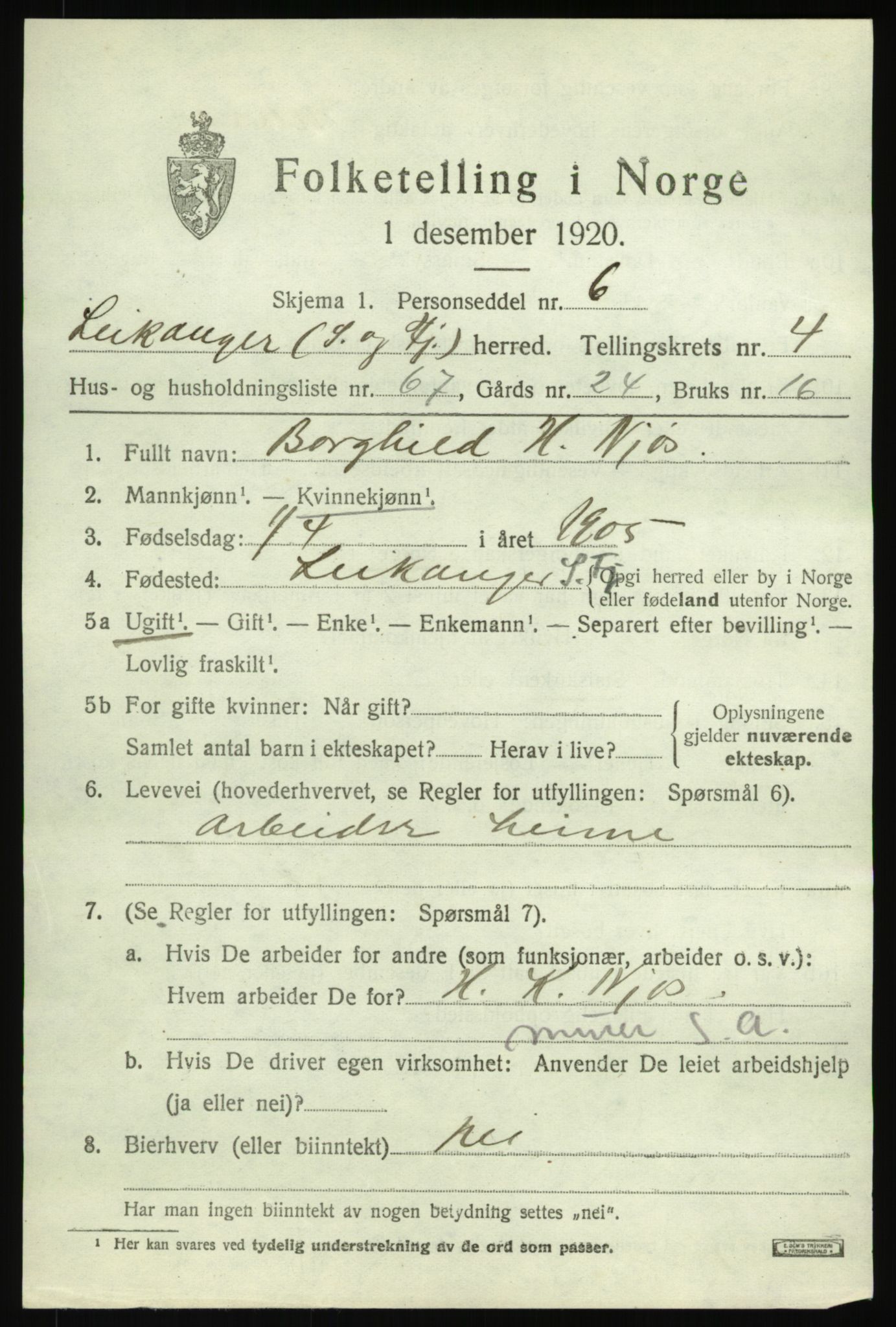 SAB, 1920 census for Leikanger, 1920, p. 3578