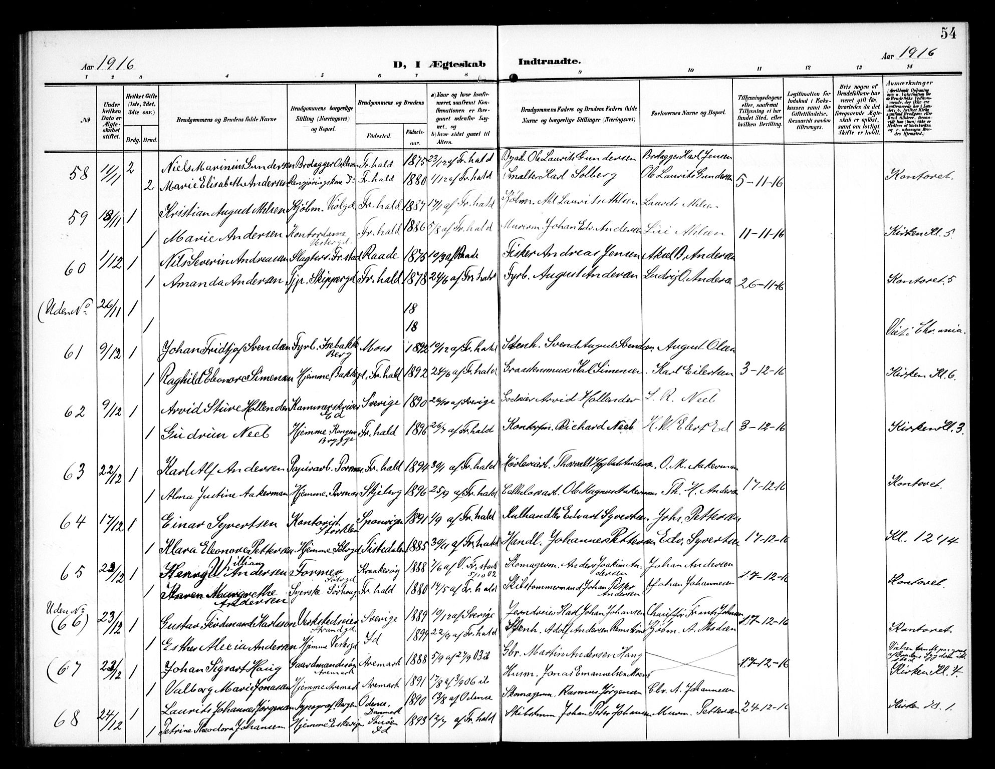 Halden prestekontor Kirkebøker, AV/SAO-A-10909/G/Ga/L0011: Parish register (copy) no. 11, 1906-1934, p. 54