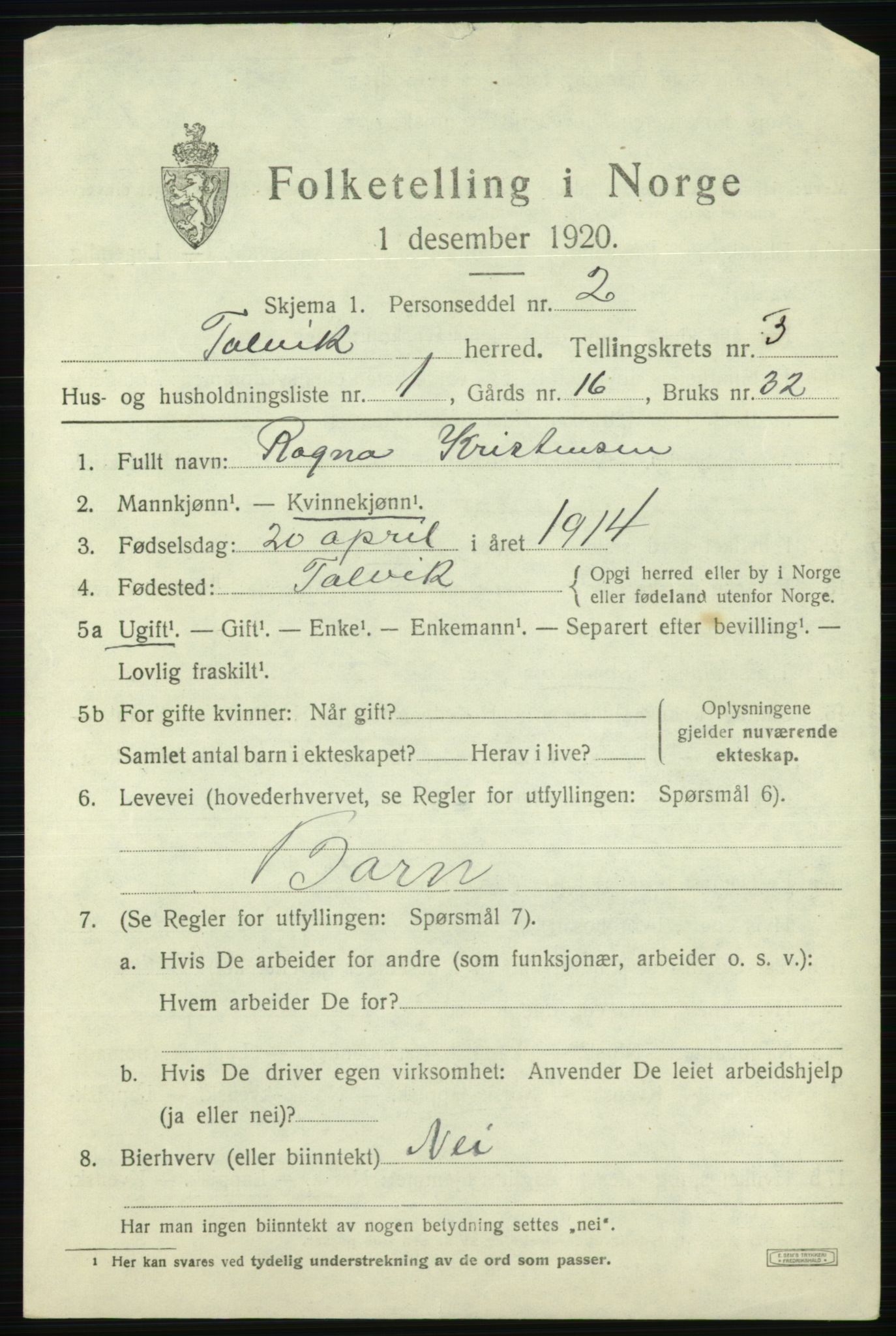 SATØ, 1920 census for Talvik, 1920, p. 2188