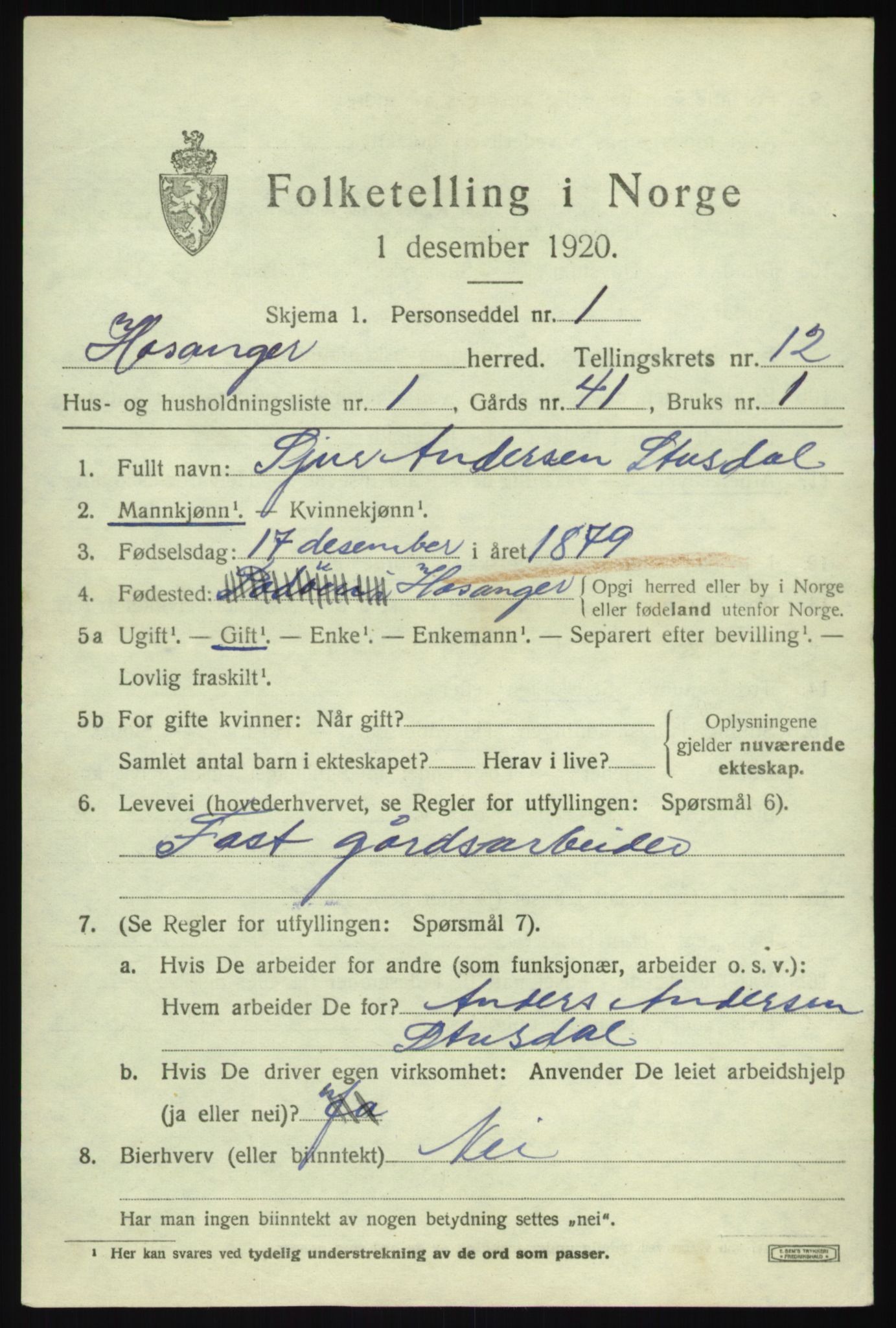 SAB, 1920 census for Hosanger, 1920, p. 4891