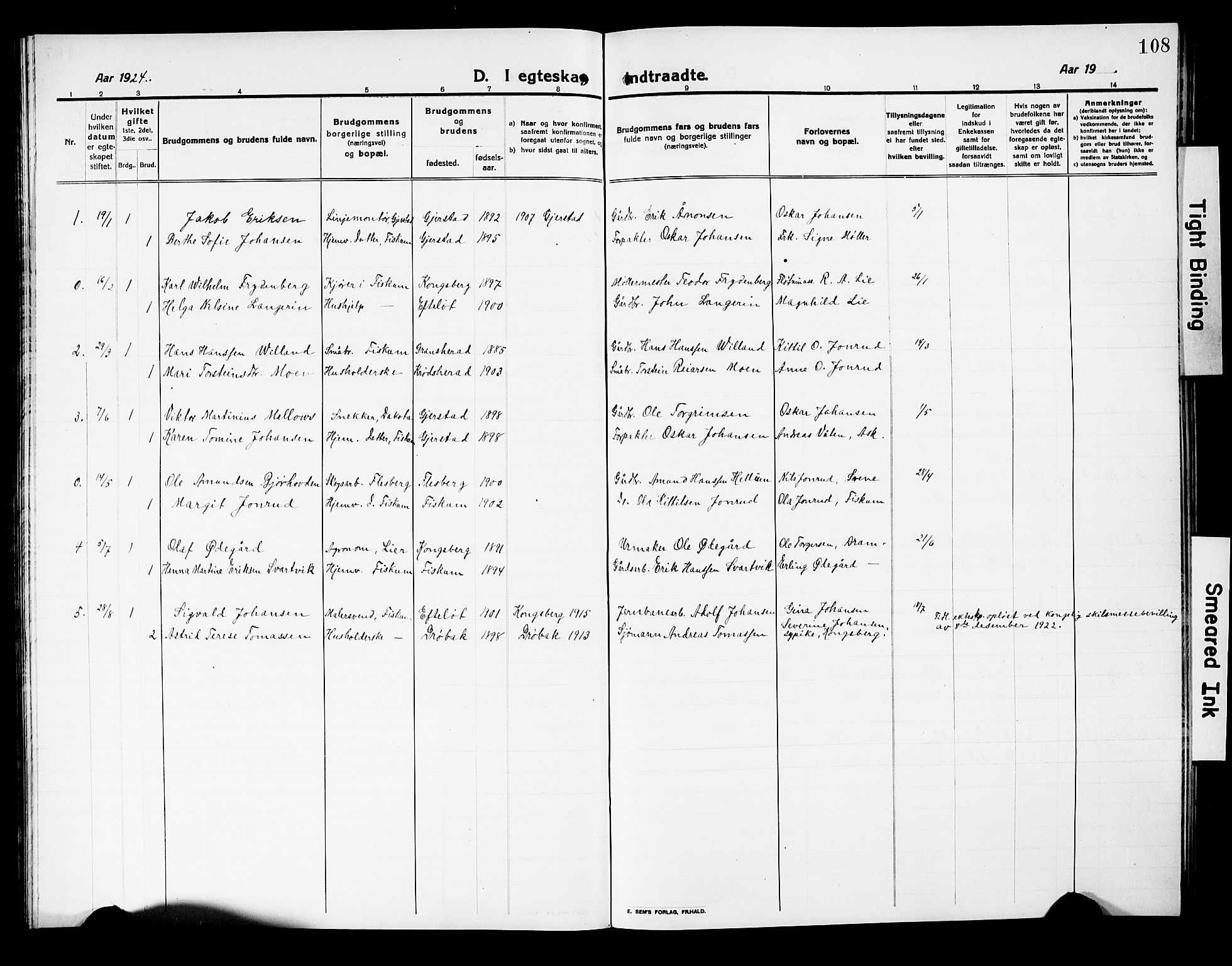 Fiskum kirkebøker, AV/SAKO-A-15/G/Ga/L0006: Parish register (copy) no. 6, 1913-1927, p. 108