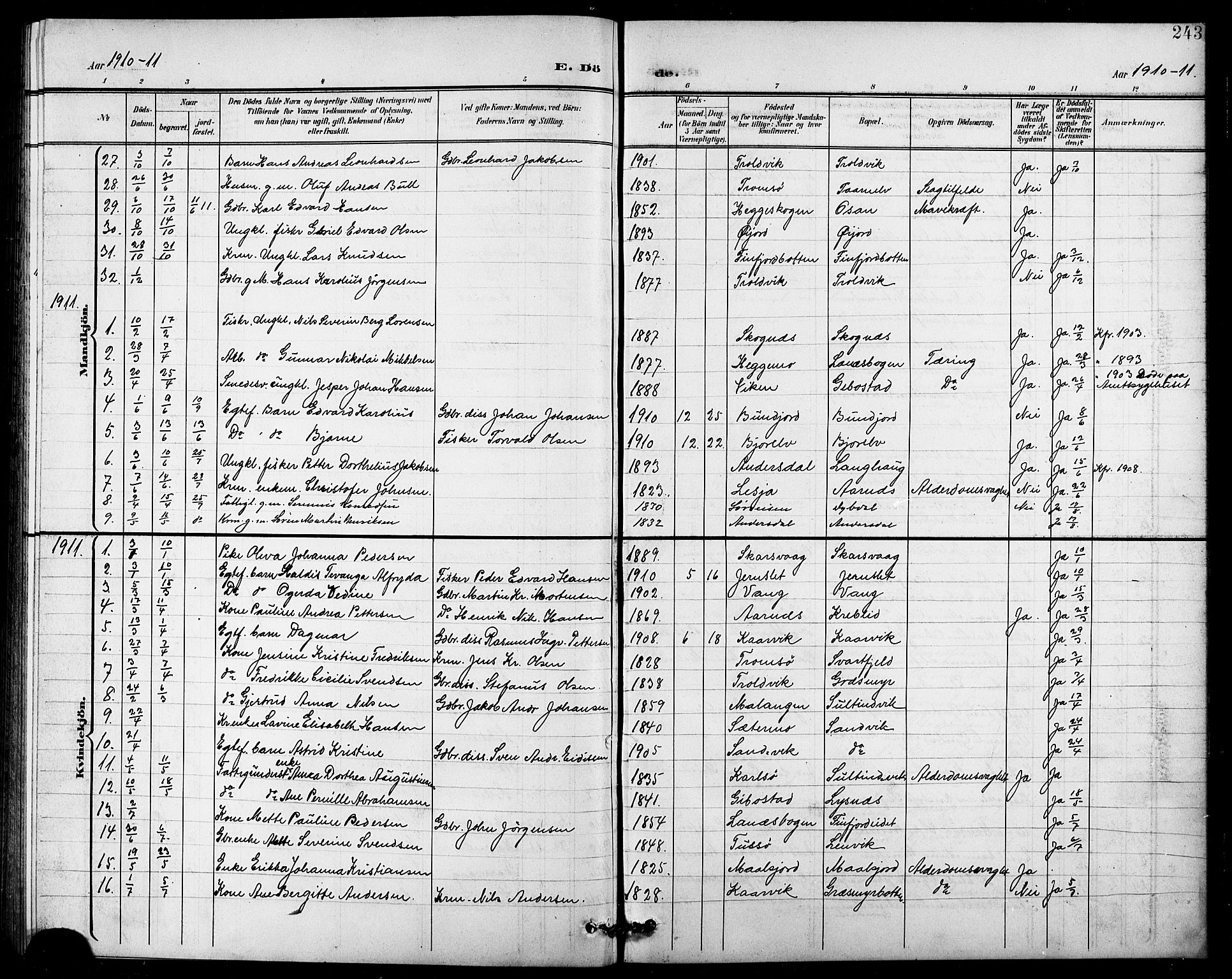 Lenvik sokneprestembete, SATØ/S-1310/H/Ha/Hab/L0008klokker: Parish register (copy) no. 8, 1899-1911, p. 243