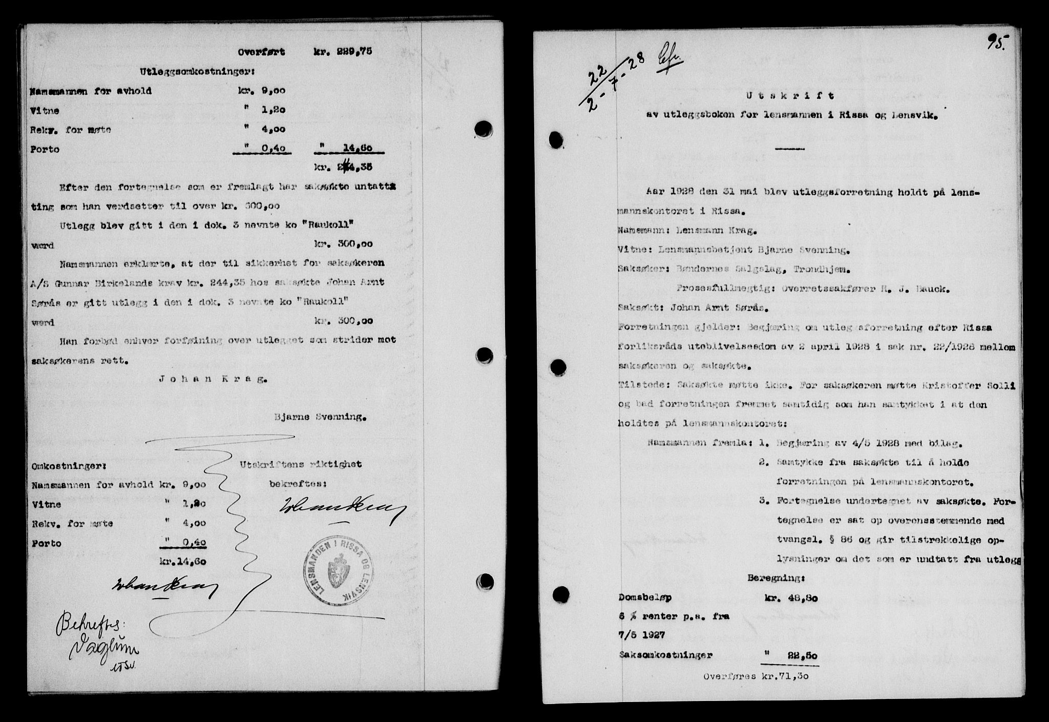 Fosen sorenskriveri, AV/SAT-A-1107/1/2/2C/L0067: Mortgage book no. 58, 1928-1929, p. 95, Deed date: 02.07.1928