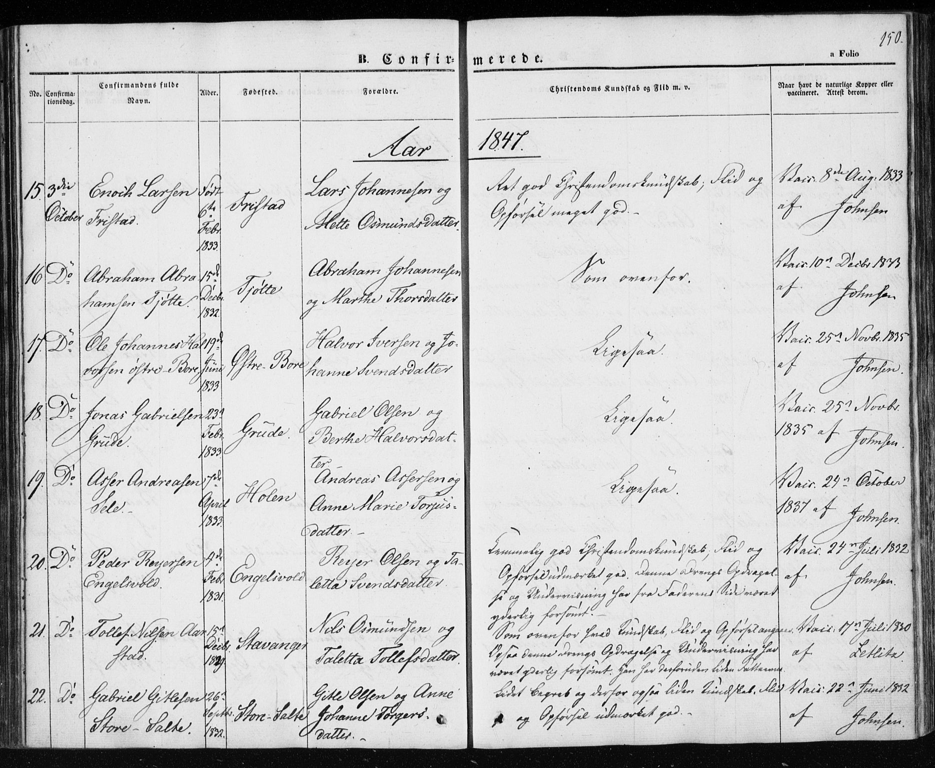 Klepp sokneprestkontor, AV/SAST-A-101803/001/3/30BA/L0004: Parish register (official) no. A 4, 1842-1852, p. 150