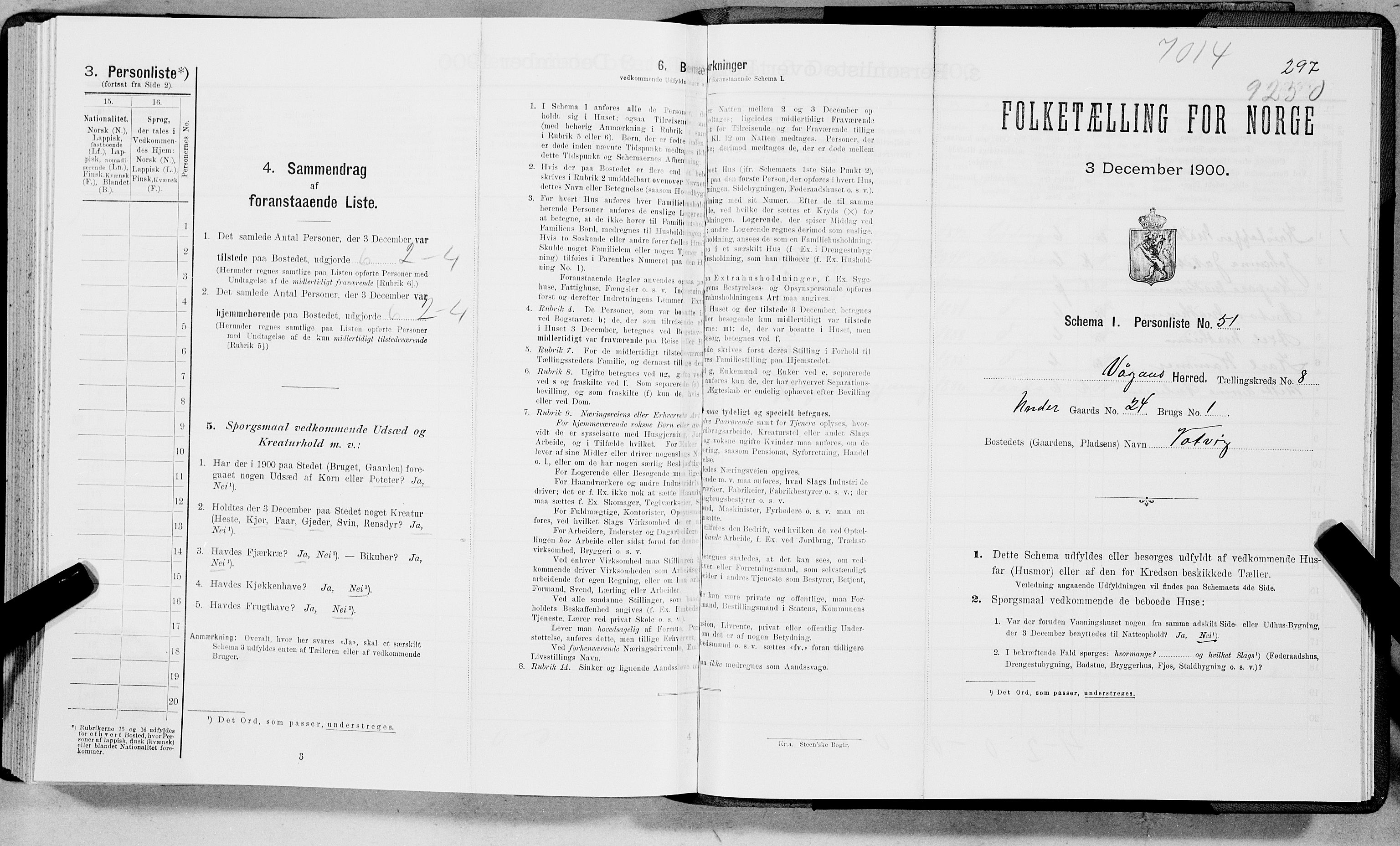 SAT, 1900 census for Vågan, 1900, p. 1185