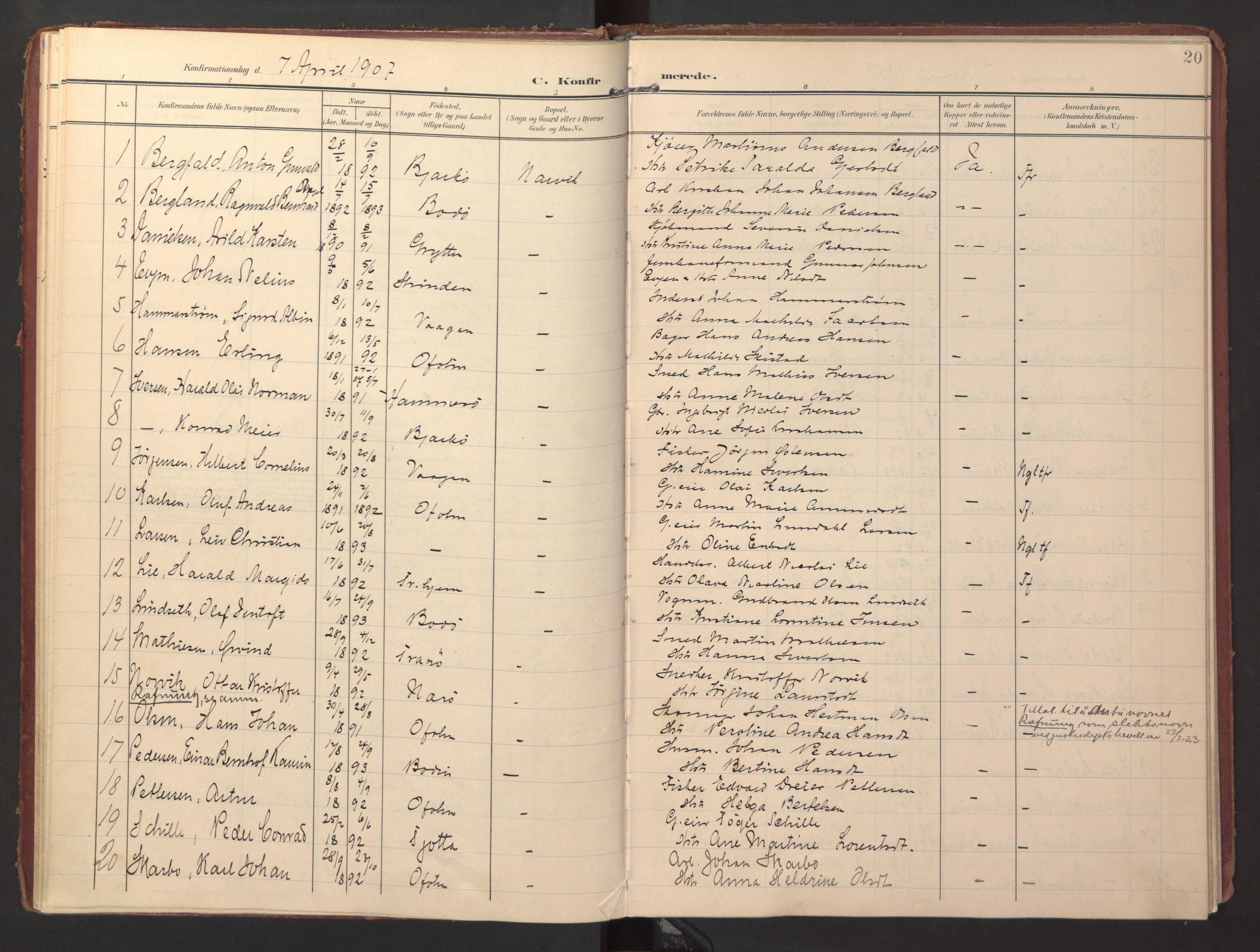 Ministerialprotokoller, klokkerbøker og fødselsregistre - Nordland, AV/SAT-A-1459/871/L0998: Parish register (official) no. 871A14, 1902-1921, p. 20