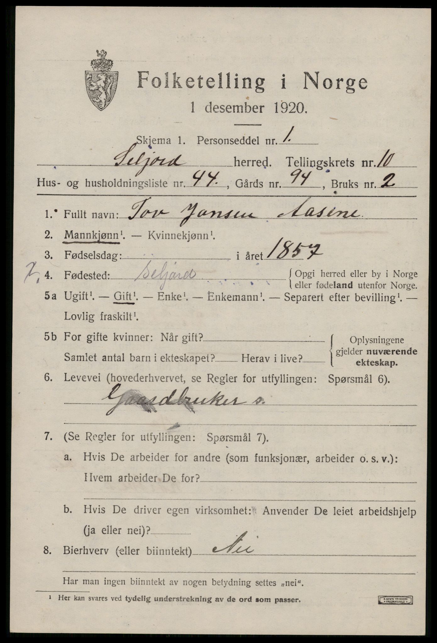 SAKO, 1920 census for Seljord, 1920, p. 5202