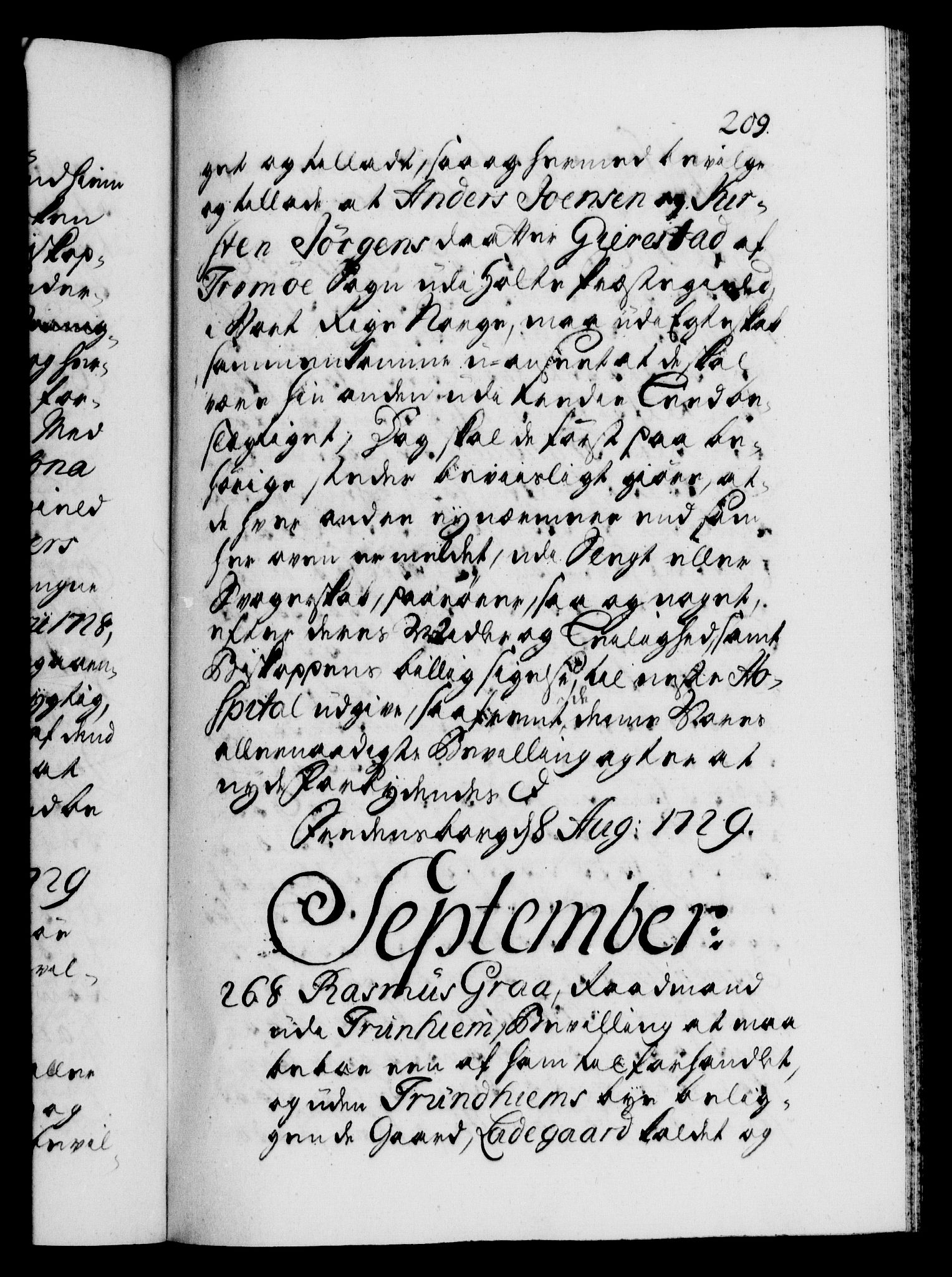 Danske Kanselli 1572-1799, AV/RA-EA-3023/F/Fc/Fca/Fcaa/L0026: Norske registre, 1729-1730, p. 209a