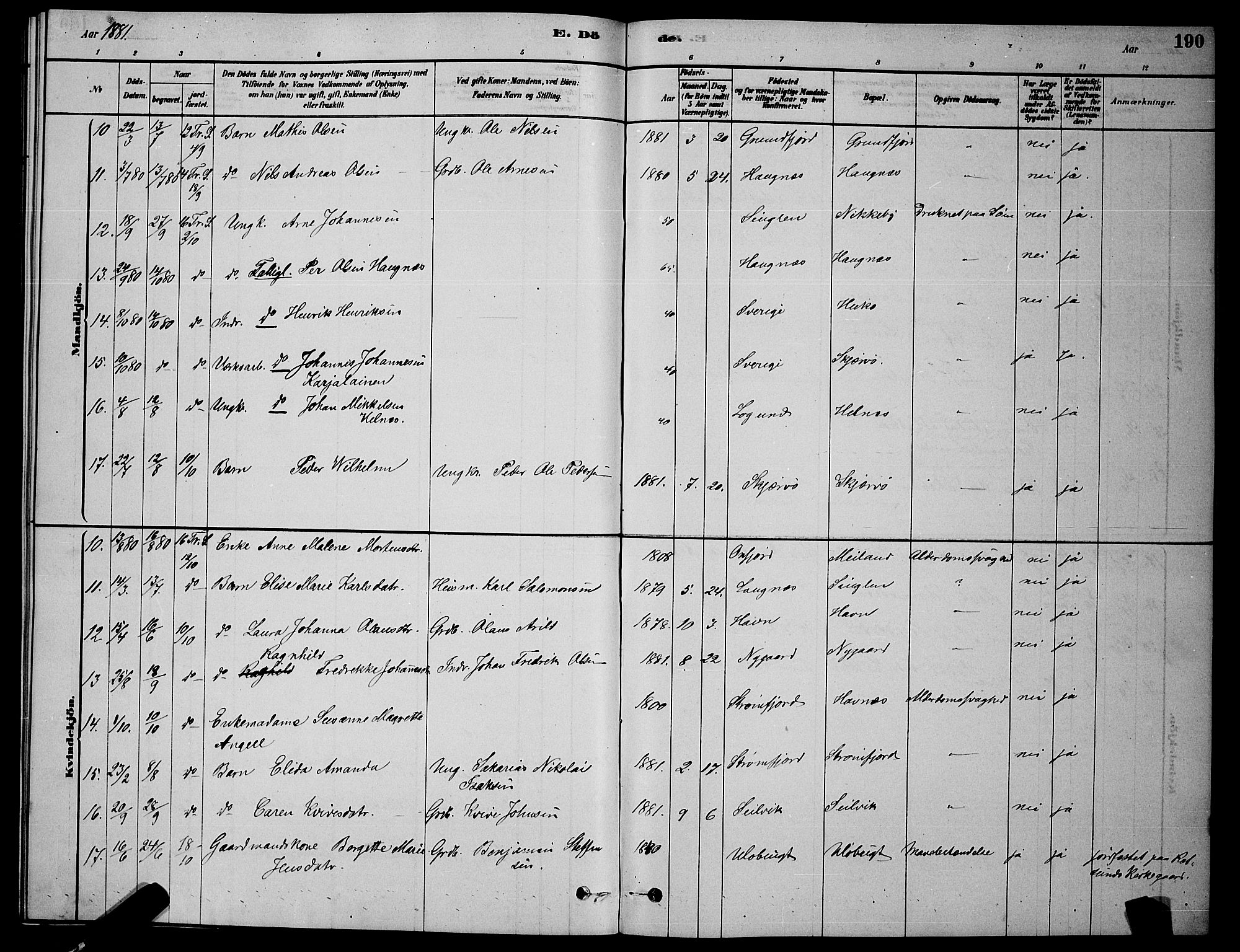 Skjervøy sokneprestkontor, AV/SATØ-S-1300/H/Ha/Hab/L0006klokker: Parish register (copy) no. 6, 1878-1888, p. 190