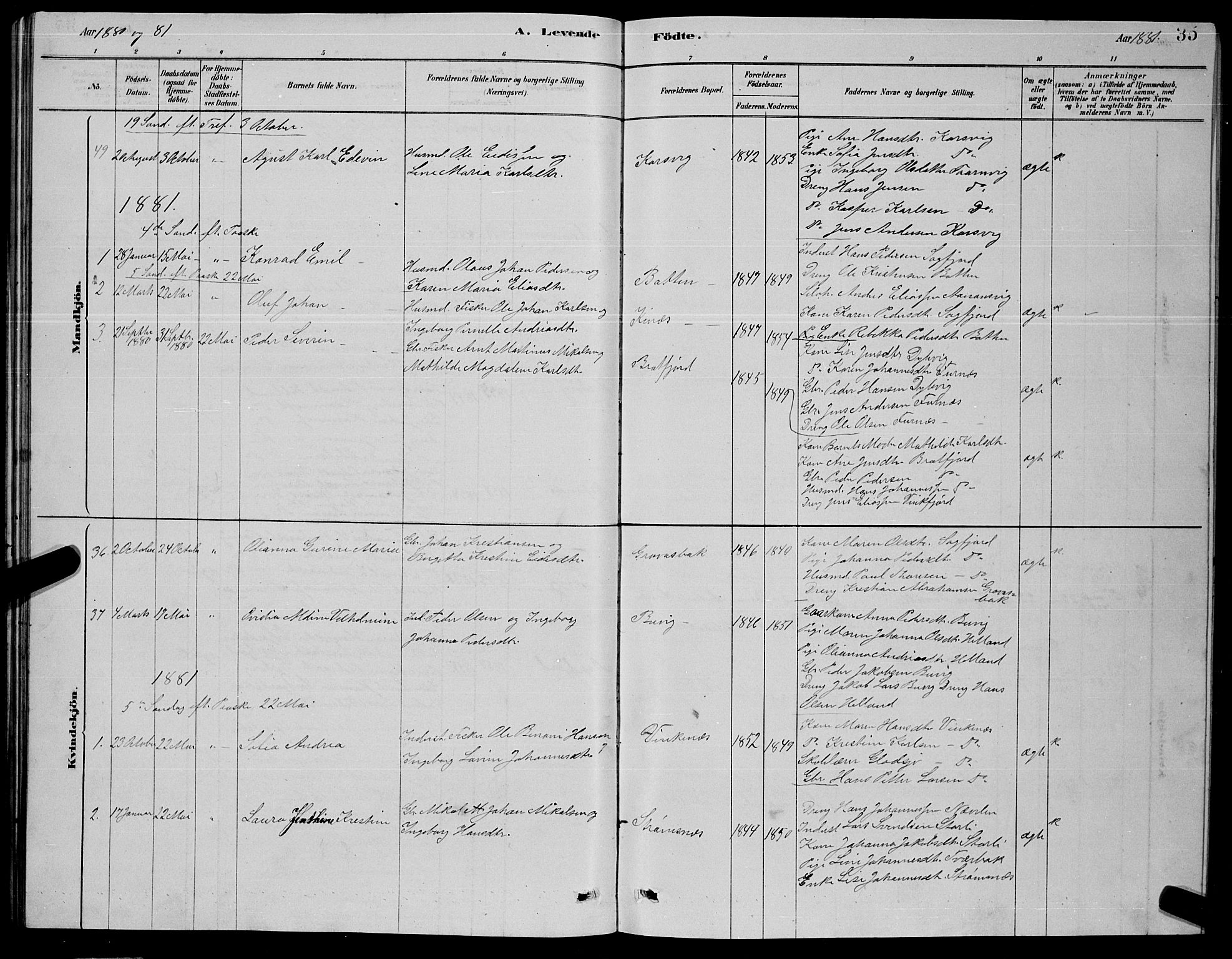 Ministerialprotokoller, klokkerbøker og fødselsregistre - Nordland, AV/SAT-A-1459/853/L0776: Parish register (copy) no. 853C04, 1878-1889, p. 35