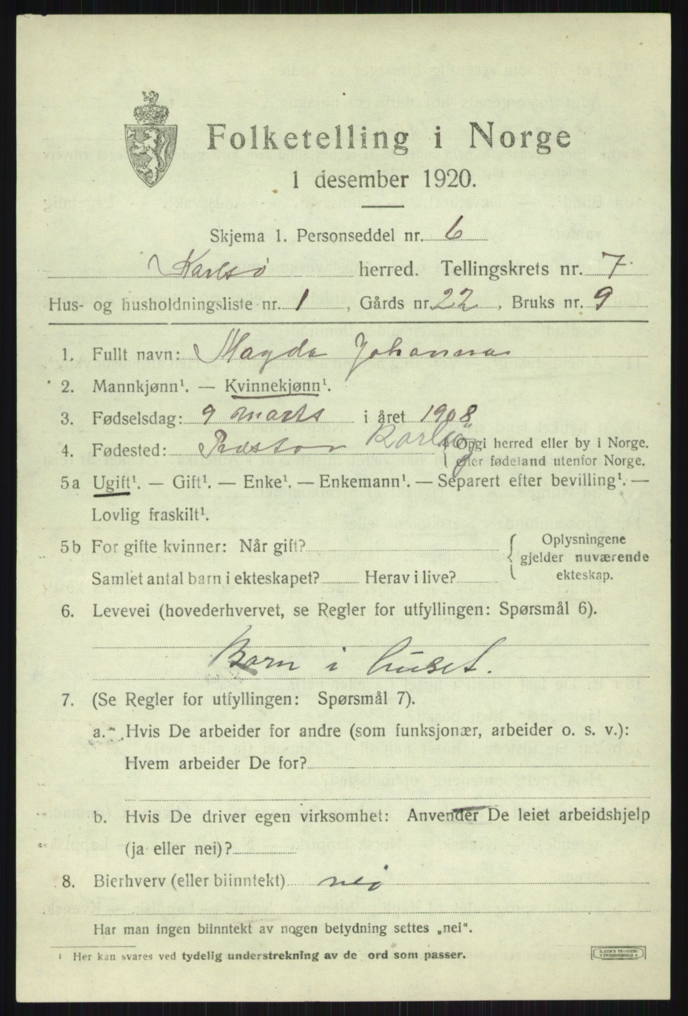 SATØ, 1920 census for Karlsøy, 1920, p. 2630