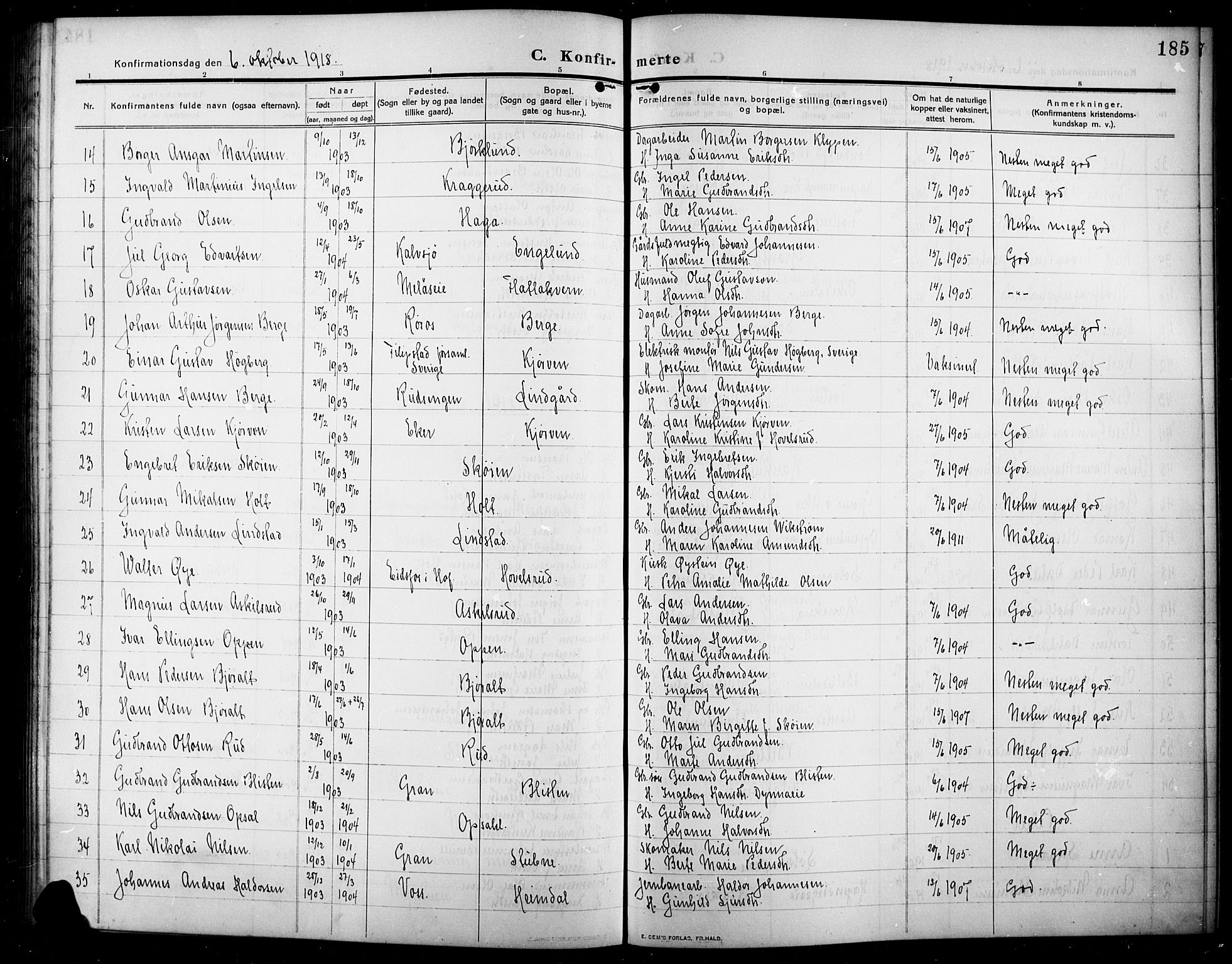 Lunner prestekontor, SAH/PREST-118/H/Ha/Hab/L0001: Parish register (copy) no. 1, 1909-1922, p. 185