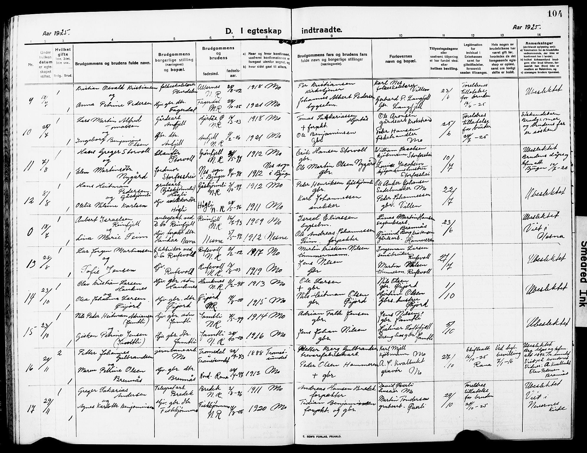 Ministerialprotokoller, klokkerbøker og fødselsregistre - Nordland, AV/SAT-A-1459/827/L0424: Parish register (copy) no. 827C13, 1921-1930, p. 104