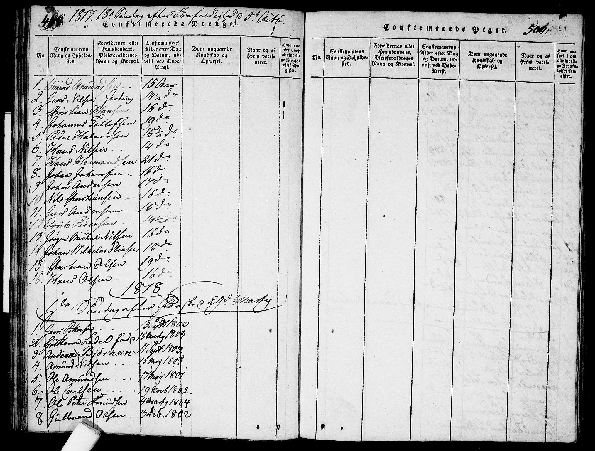 Garnisonsmenigheten Kirkebøker, SAO/A-10846/G/Ga/L0003: Parish register (copy) no. 3, 1815-1819, p. 500-501