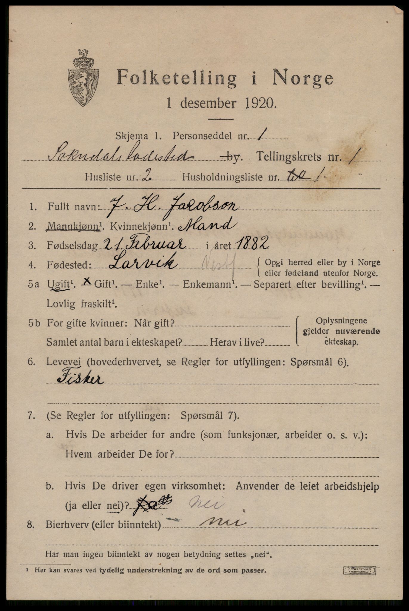 SAST, 1920 census for Sokndal town, 1920, p. 419