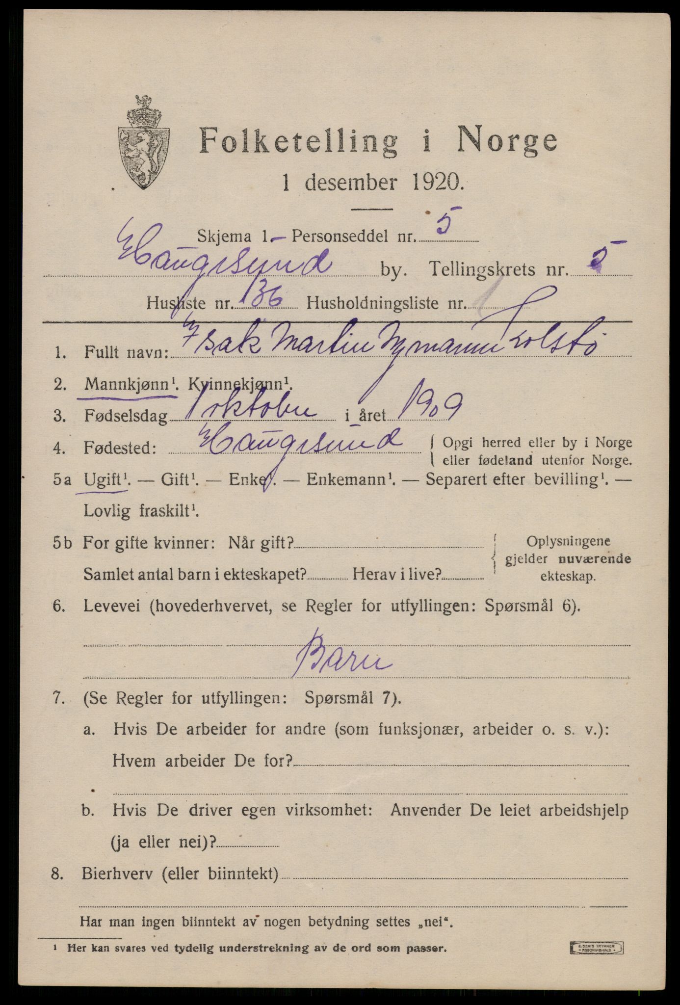 SAST, 1920 census for Haugesund, 1920, p. 20663